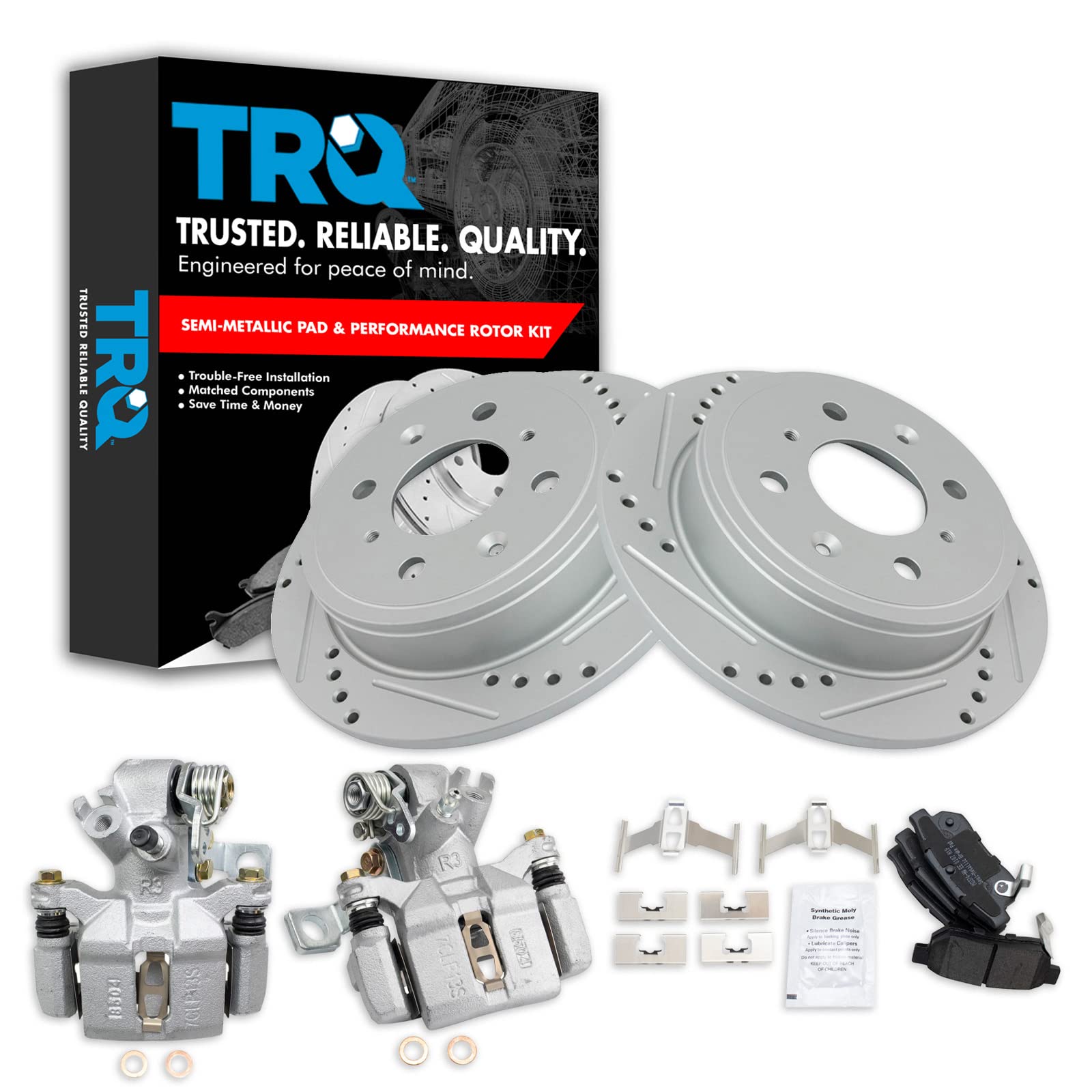 TRQ Premium G-Coated Rear Performance Brake Pad & Rotor Kit - Semi-Metallic Brake Caliper Pads & Rotors Set - Compatible with 1994-2001 Acura Integra - Perfect for Street Performance & Daily Driving