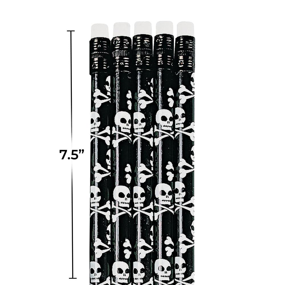 Fun Express Skull and Crossbones Pencils - 24 Pack Printed Novelty Pencils for Halloween, Pirate Theme Parties & School Supplies | Bulk Stationery for Kids, Teachers & Office Use