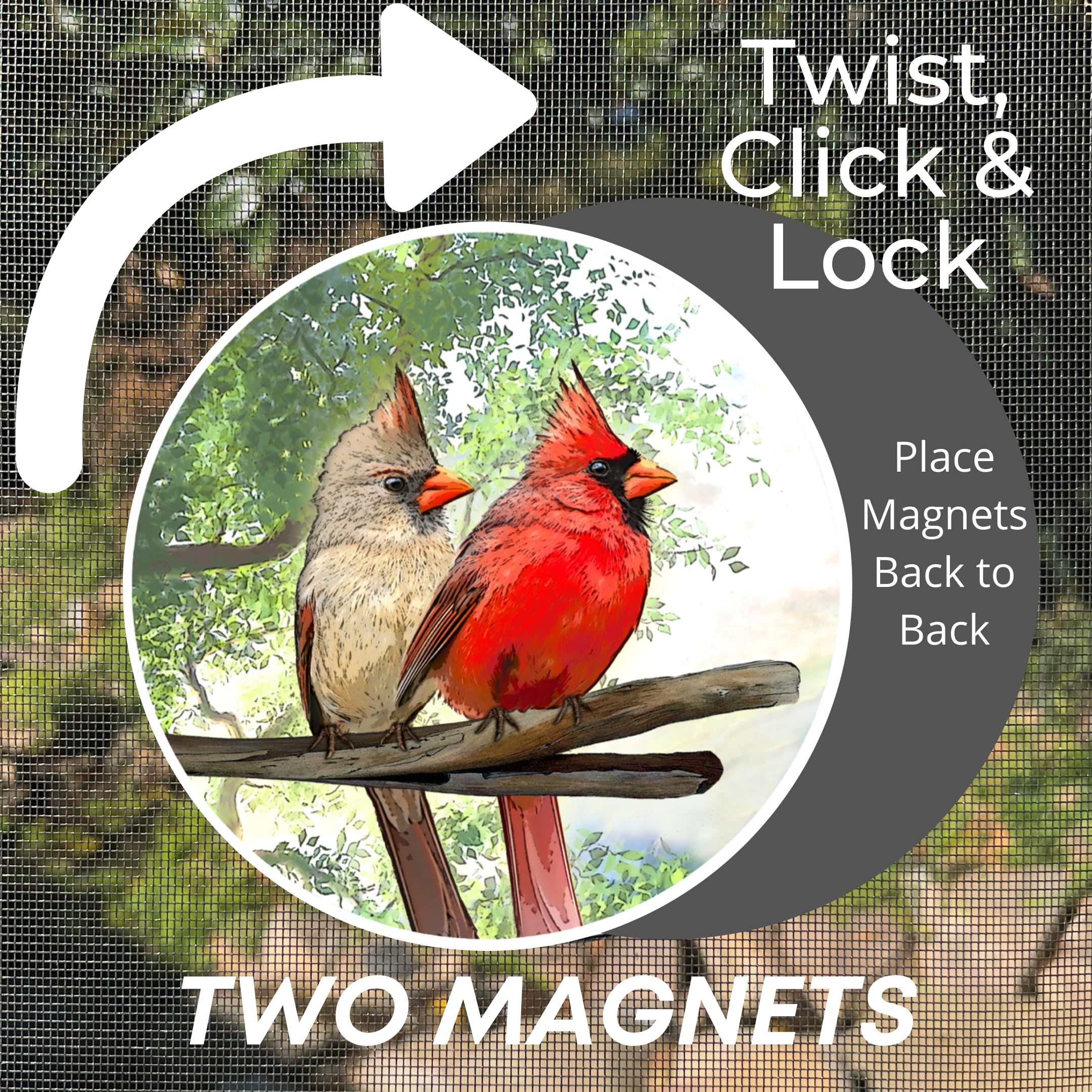 Twist Click Lock Screen Door Magnets – Secure Magnetic Screen Door for Pets & Kids – Magnetic Indicator & Decoration – Robbins Aria Cardinal – Perfect for Patio, Deck & Backyard Safety