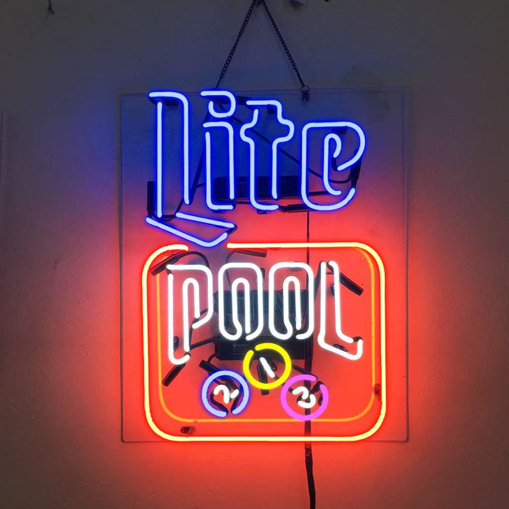 Super-Skin Lite Pool Beer Neon Sign - Real Glass Handcrafted Bar Decor for Home, Pub & Party - 19x15 Inch Vintage Neon Light for Wall & Window Display - Perfect for Game Rooms, Man Caves & Taverns