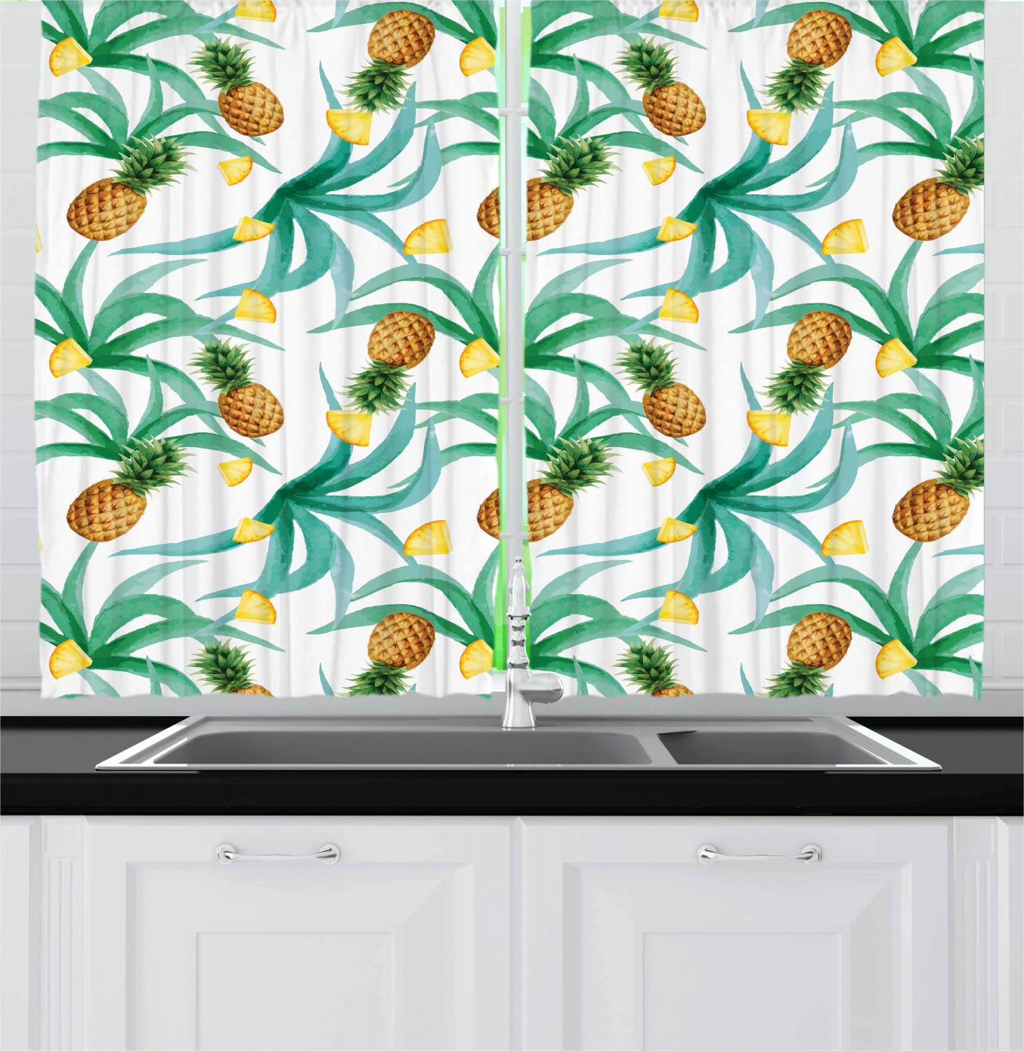 Ambesonne Hawaiian Kitchen Curtains - Tropical Luau Party & Polynesian Culture Inspired Botanical Print Drapes, 2 Panels with Rod Pocket, 55