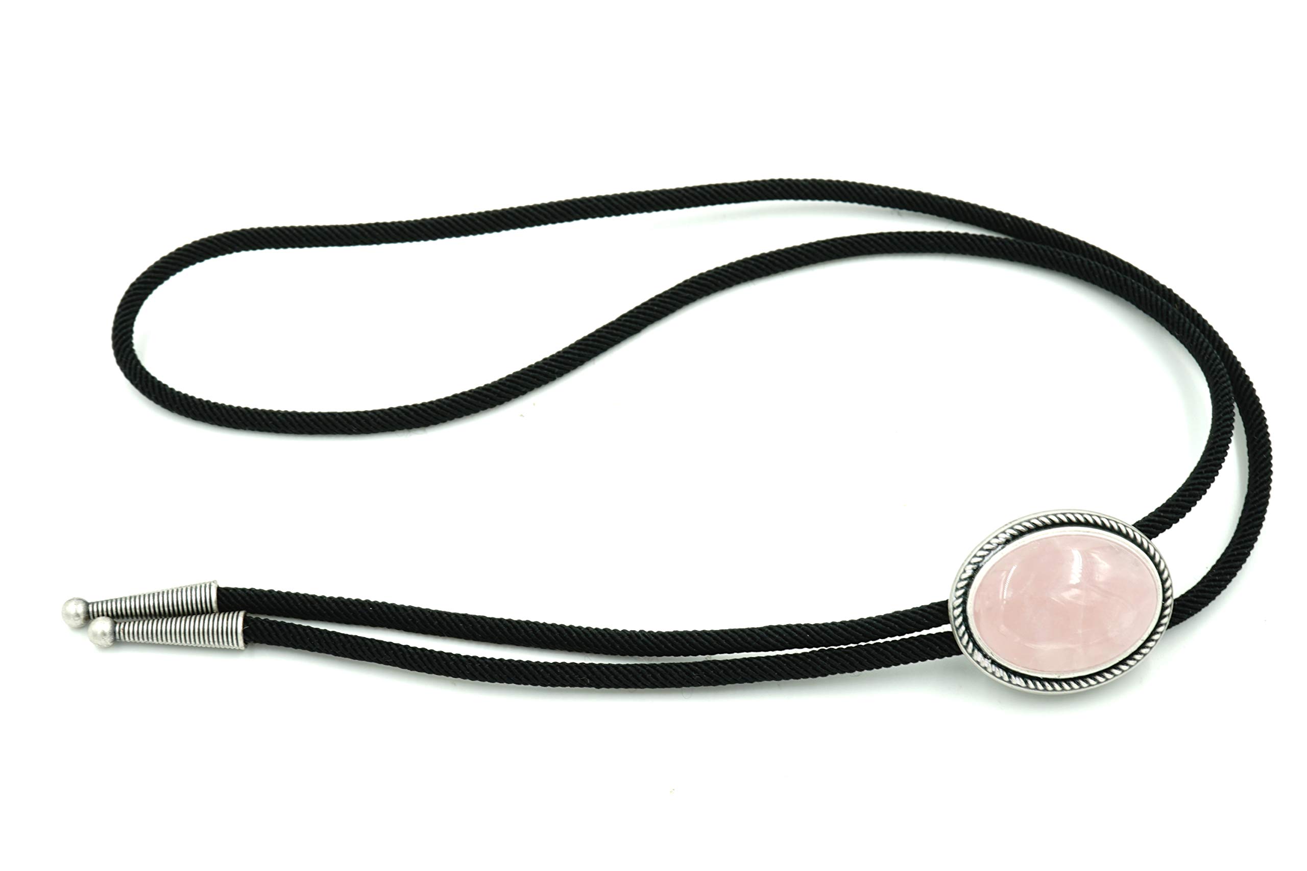 Rose Quartz Stone Silver Plated Western Cowboy Braided Fabric Bolo Tie Necklace for Men Women - Perfect for Rodeo, Country Music Festivals & Western Fashion