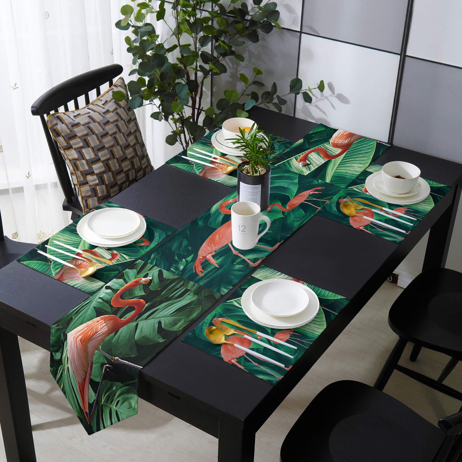 Z&L Tropical Pink Flamingo & Green Coconut Leaf Table Runner Set with Placemats - Elegant Dining Table Decor for Kitchen, Hotel, Party & Summer Entertaining - Perfect for Weddings, Brunches and Tropical-Themed Events