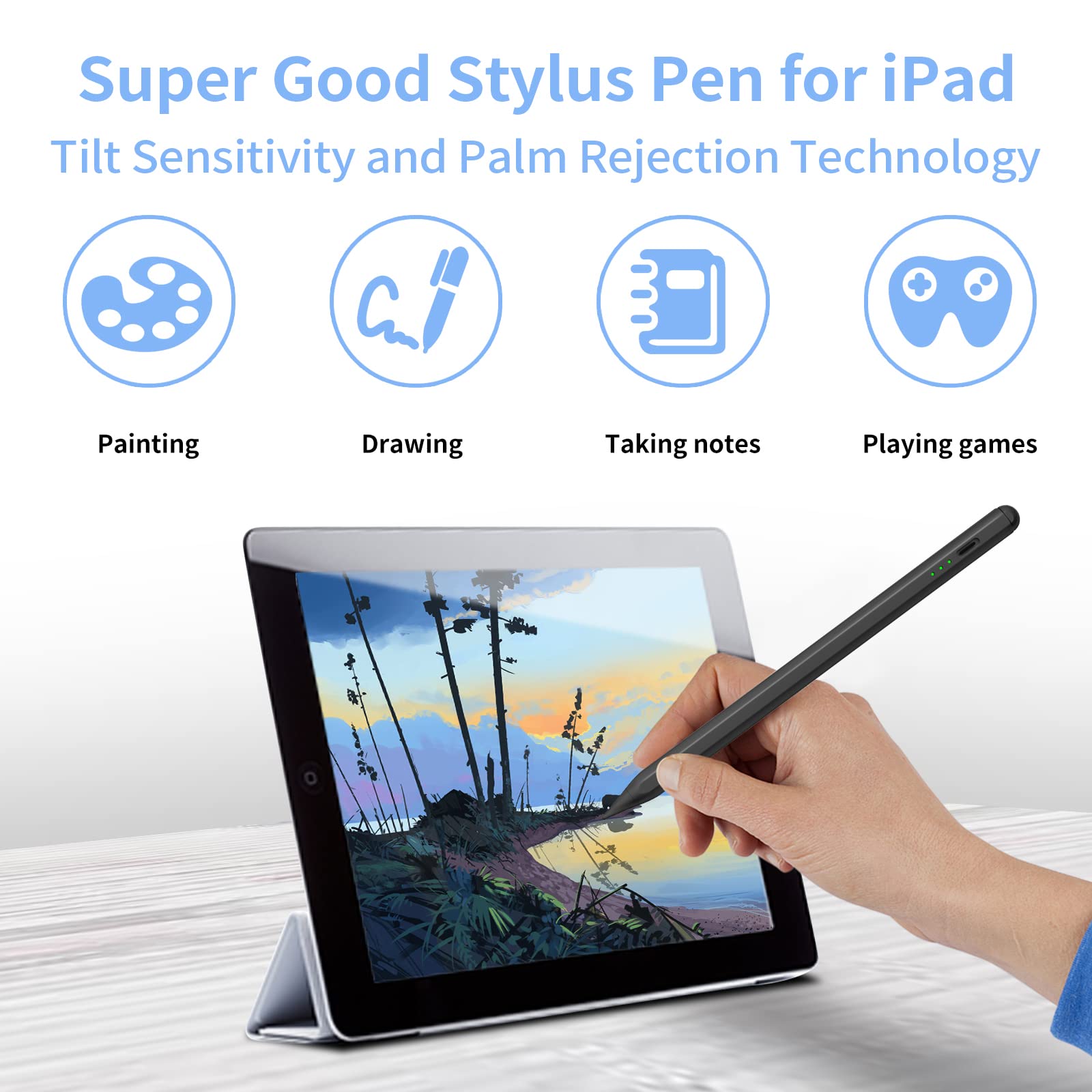 Apple Pencil Stylus for iPad 10th/9th/8th/7th/6th Gen, iPad Mini 6th/5th, iPad Air 5th/4th/3rd, iPad Pro 11 & 12.9 Inch - Tilt & Pressure Sensitive with Palm Rejection - Perfect for Drawing, Note-Taking & Digital Art