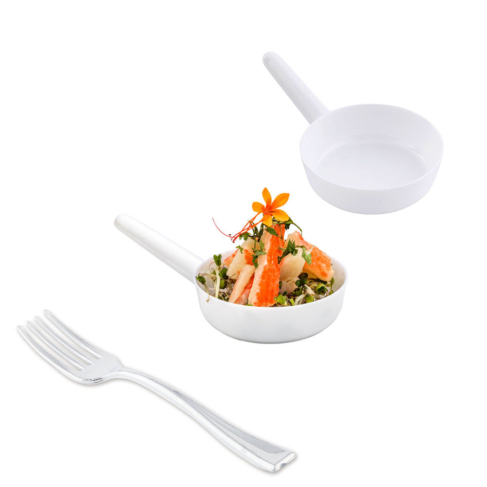 100-Pack 1 oz White Plastic Mini Sauce Cups with 100 Silver Plastic Mini Forks - Perfect for Parties, Catering, and Sampling Events