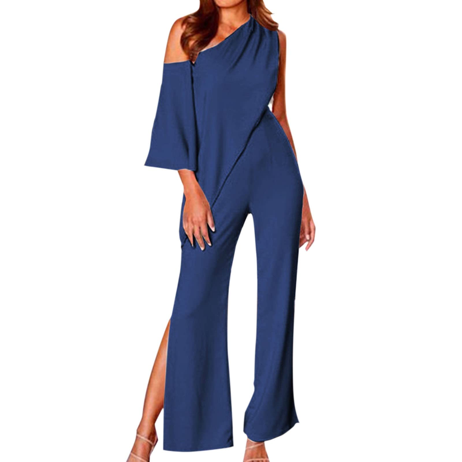 Women's Solid Color Off Shoulder Asymmetric Jumpsuit - Casual Wide Leg Romper for Summer Outfits, Beach Wear & Party Dresses