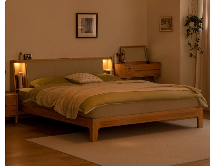 Solid Oak Wood Leather & Fabric Luminous Bed with Shelf - Modern Platform Bed Frame with Storage for Bedroom, Guest Room, or Dorm