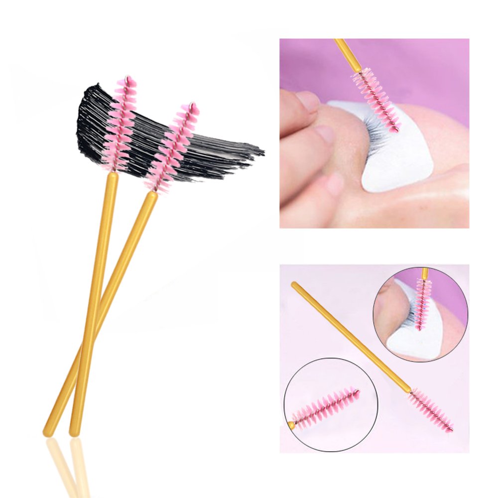 100 Pack Disposable Mascara Wands - Bulk Eyelash Extension Brushes for Professional Makeup Application (Gold & Pink) - Perfect for Lash Artists, Salons & DIY Beauty Kits