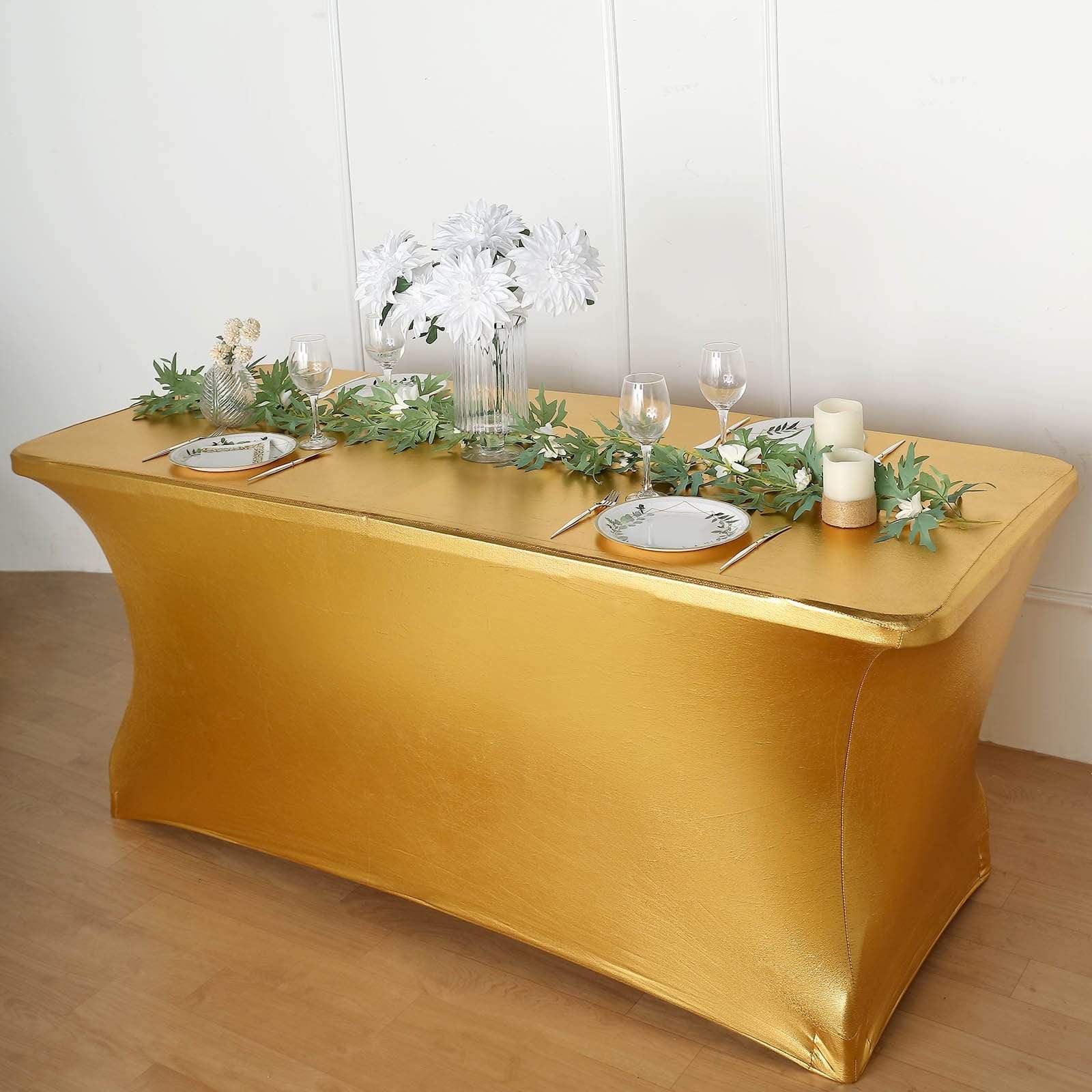 6 ft Fitted Spandex Tablecloth - Stretchable Metallic Table Cover for Parties, Weddings & Events - Elegant Dining & Buffet Table Decor