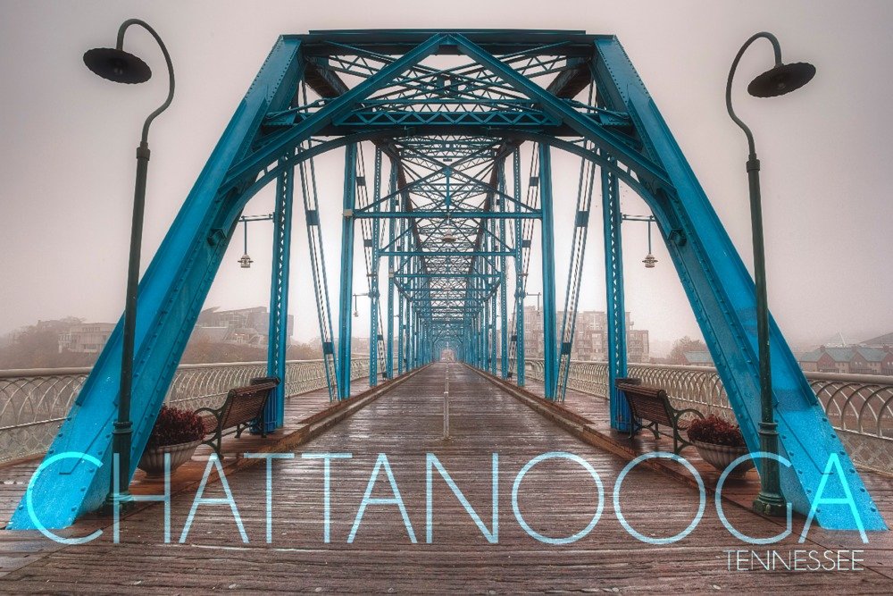 Signed Walnut Street Bridge Fog Art Print - 24x36 Tennessee Landscape Wall Decor Poster for Living Room & Office