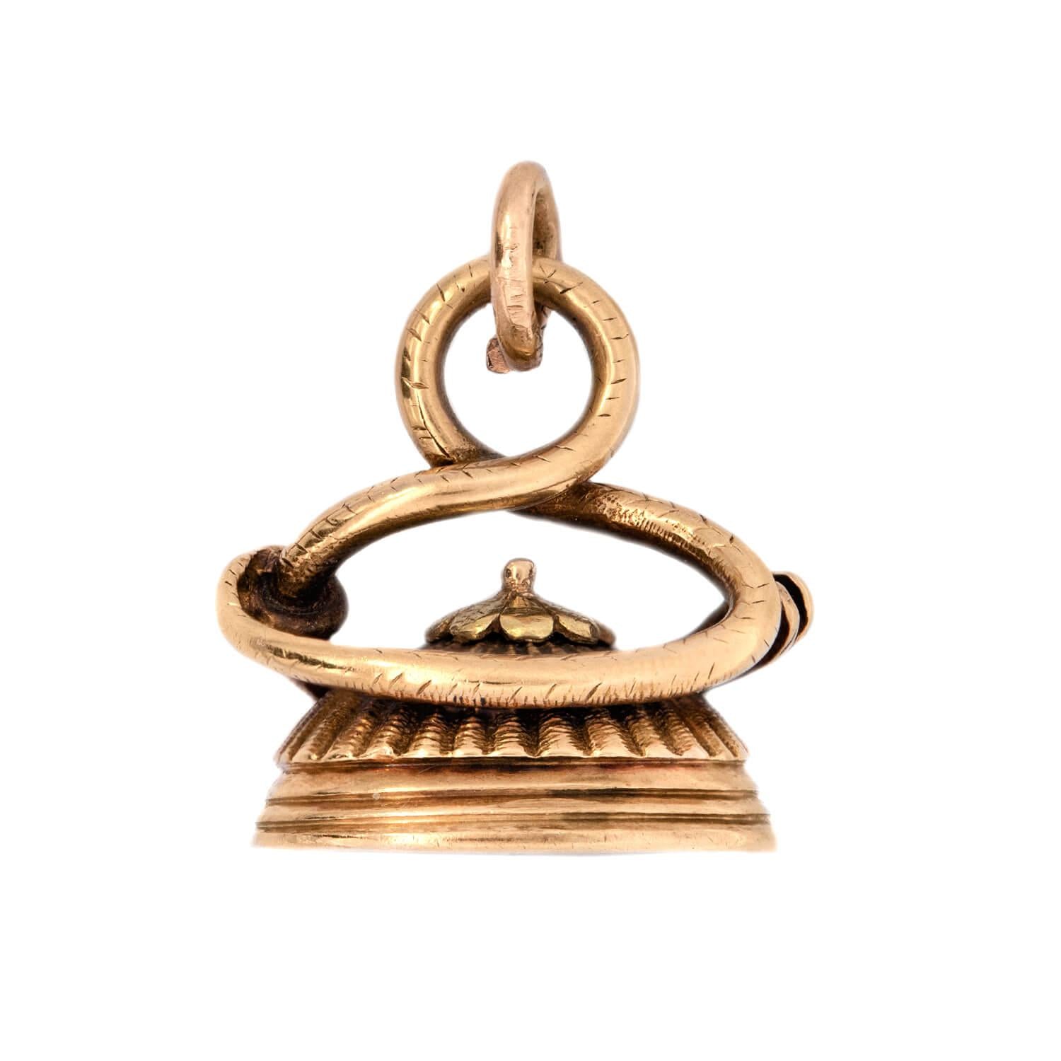 Victorian Style 14k Gold Agate Snake Motif Fob Pendant - Vintage Jewelry for Necklace, Bracelet & Gift Giving