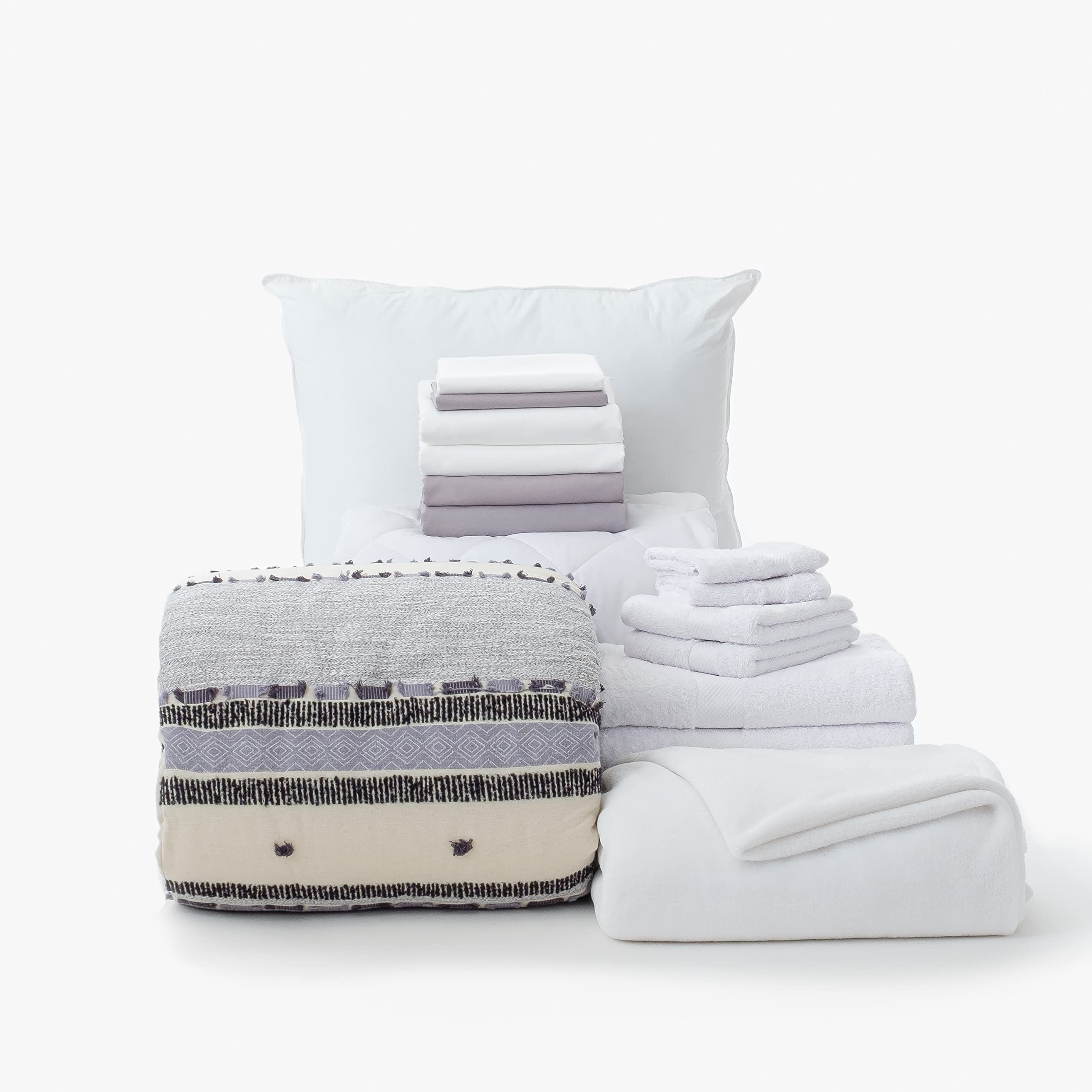 OCM College Dorm Room Essentials 16-Piece Starter Kit | Twin XL Bedding Set with Mattress Pad, Comforter, Sheets, Towels & Blanket | Gray and Natural Stripes Design by Allison Gray | Perfect for University Students, Back to School & First-Time Dorm Living