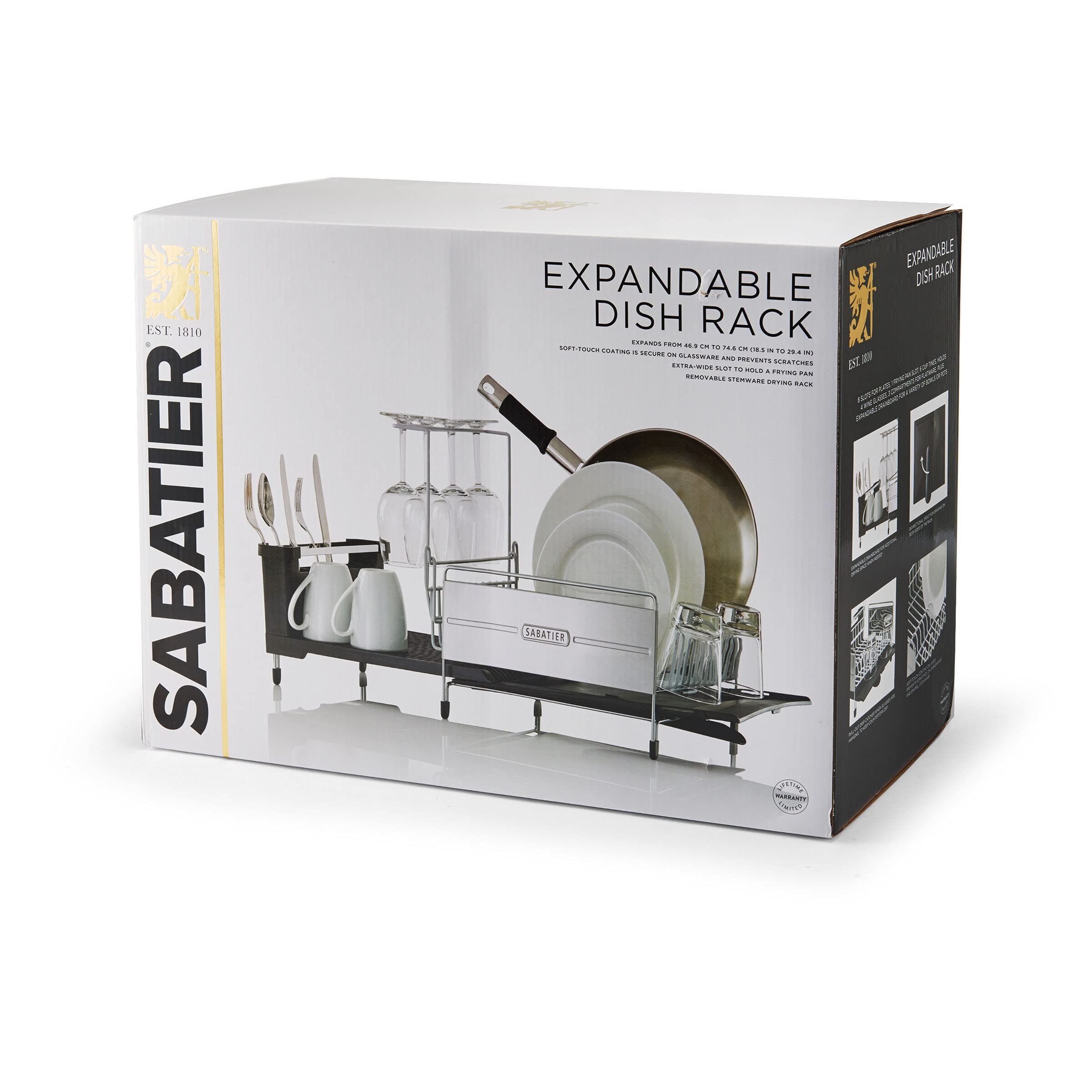 Sabatier Expandable Stainless Steel Dish Rack - Rust-Resistant Soft Coated Wires, Bi-Directional Spout, Utensil Caddy & Removable Stemware Holder - Perfect for Kitchen Countertop, Sink Side & Small Space Organization