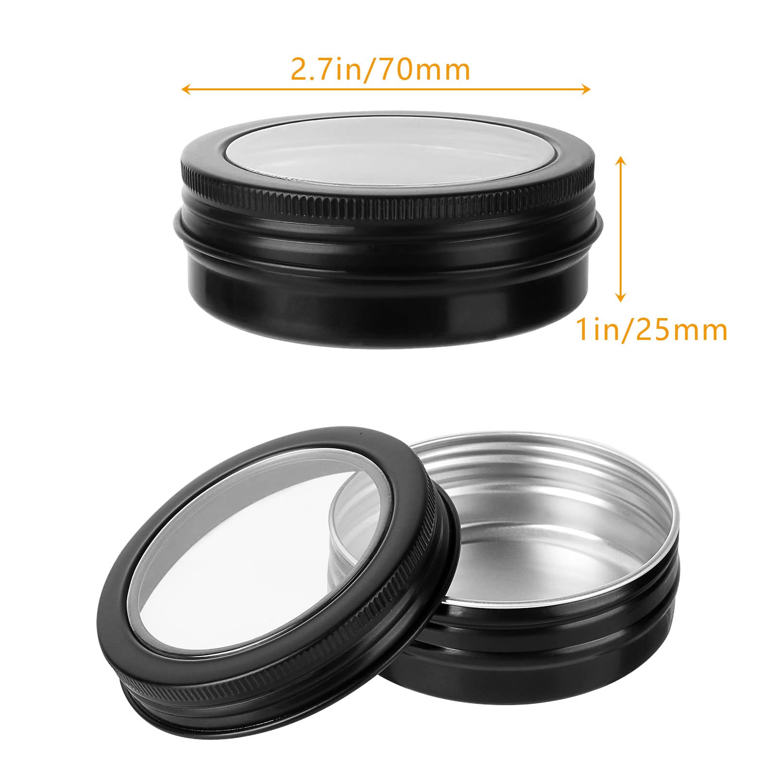 DAJAVE 30 Pack 2 Ounce Round Tin Cans with Screw Lids & Clear Window - Black Metal Tin Containers for Storing Spices, Candies, Candles, Gifts - Perfect for DIY Crafts, Wedding Favors, Party Decorations & Home Organization