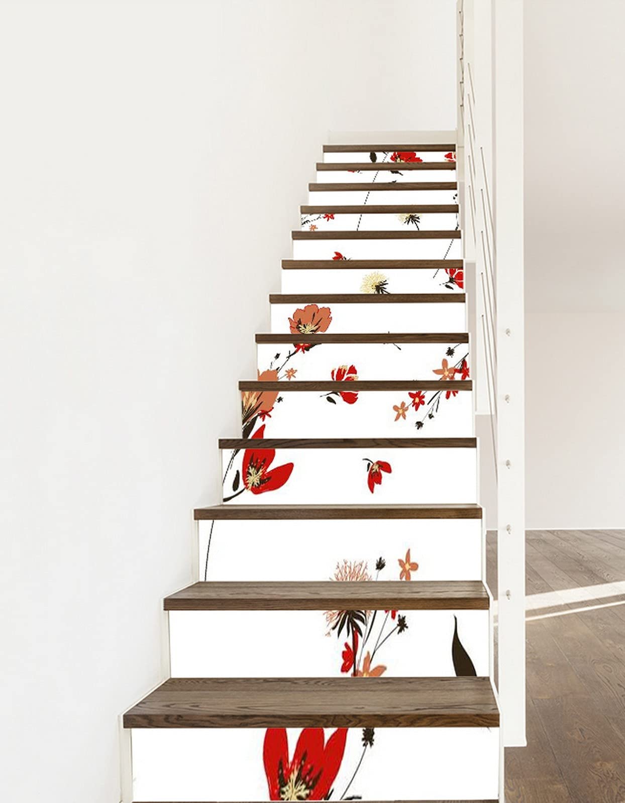 3D Self-Adhesive Removable Stair Stickers - Watercolor Dandelion & Red Floral Botanical Design on White Background - Vinyl Stair Riser Decals for Kitchen, Tile & Wall Decor (13-Piece Set) - Perfect for Home Renovation, DIY Projects & Interior Design