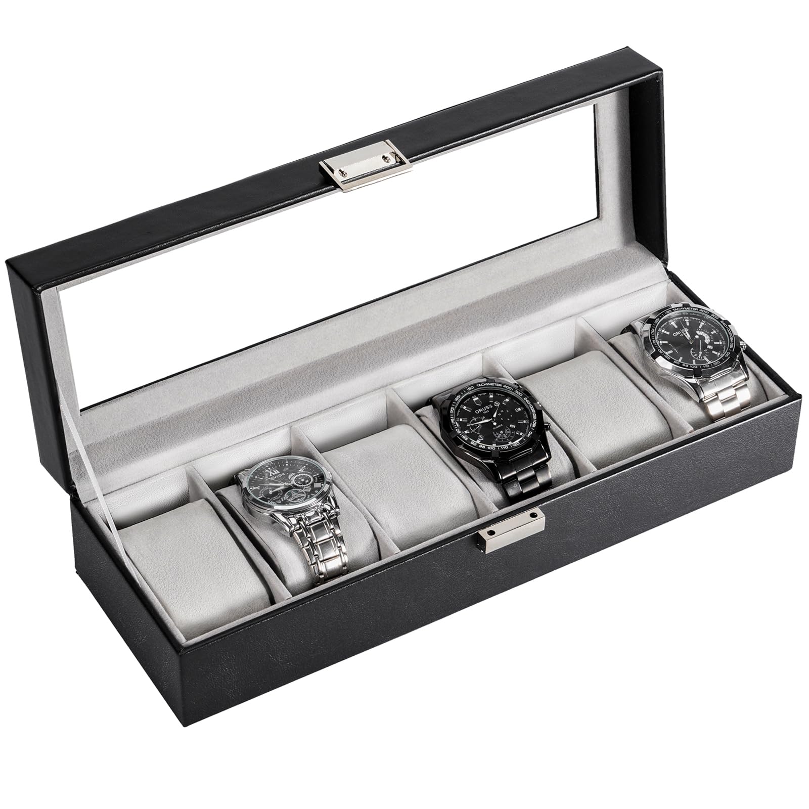ProCase 6-Slot Watch Box for Men - Premium Watch Storage Organizer with Glass Lid, Black - Perfect for Watch Display, Collection & Travel Accessories