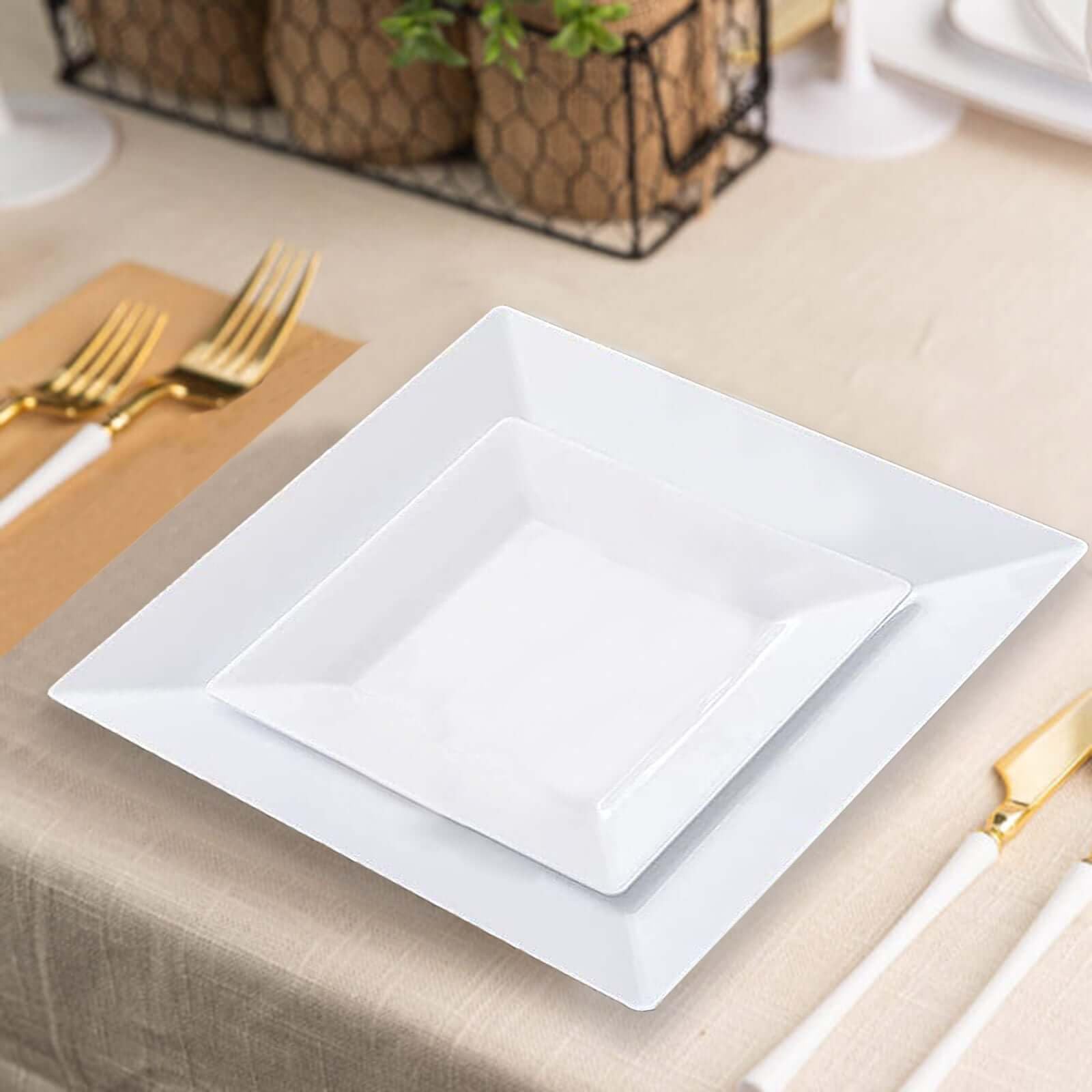 Efavormart 10 Pack - 6 Inch White Disposable Plastic Square Salad Dessert Plates for Wedding, Birthday Party, Reception, Buffet, Catering, Restaurant & Upscale Events - Perfect for Desserts, Appetizers, Snacks & Party Serving