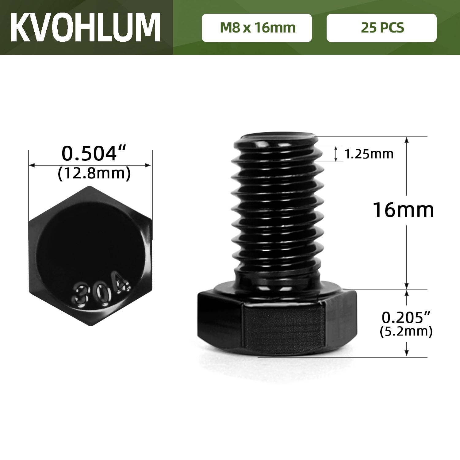 25-Pack M8x16mm Black Hex Bolts - 304 Stainless Steel for Furniture & DIY Projects