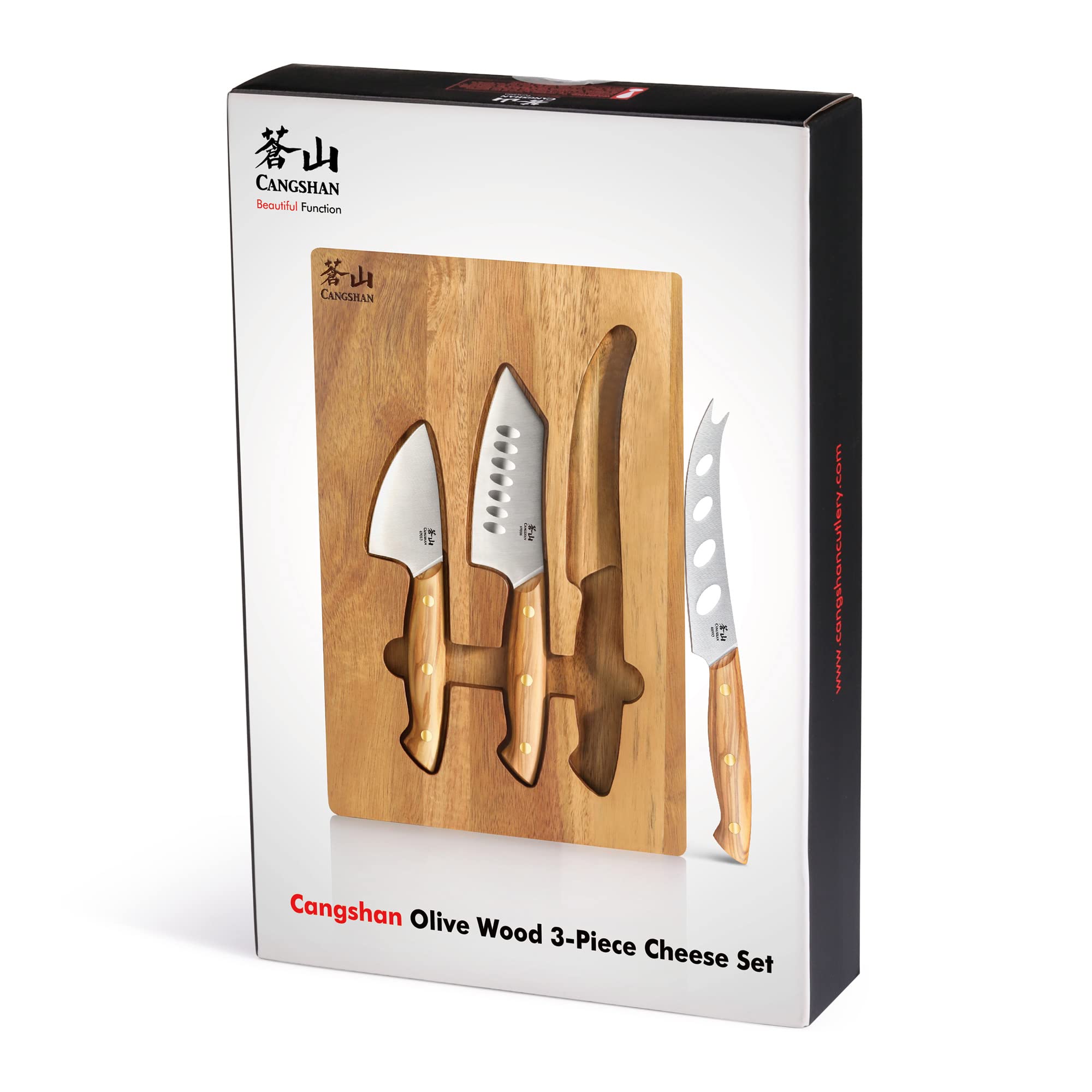 Cangshan 3-Piece Olive Wood Cheese Knife Set with Acacia Wood Cheese Board - Perfect for Wine Tasting, Charcuterie Boards & Entertaining Guests