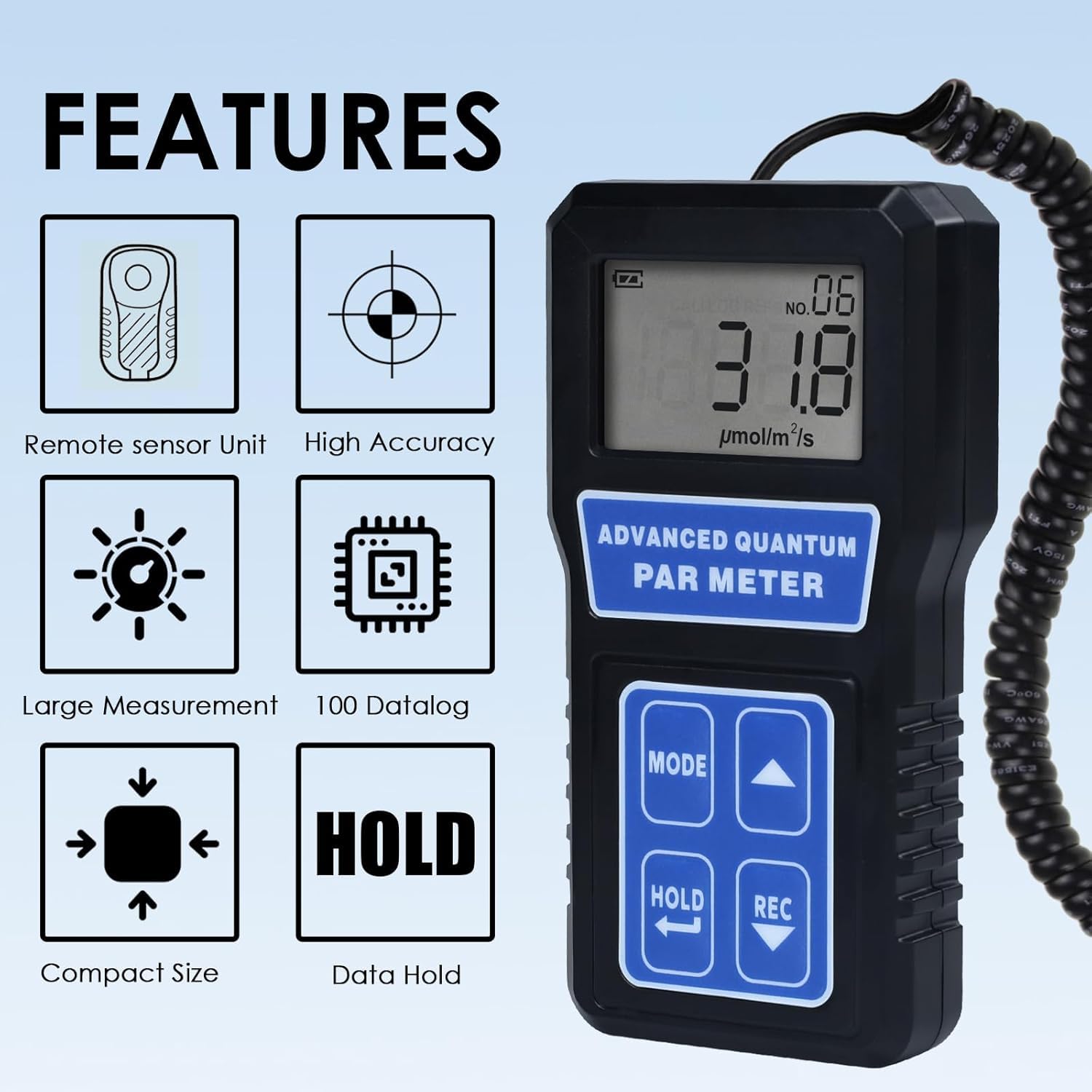 Quantum PAR Meter for LED Grow Lights - PPFD Tester with Data Logging & Calibration (400-700nm) | Measure Light Intensity in Grow Rooms & Greenhouses | Ideal for Indoor Gardening, Hydroponics & Plant Growth Monitoring