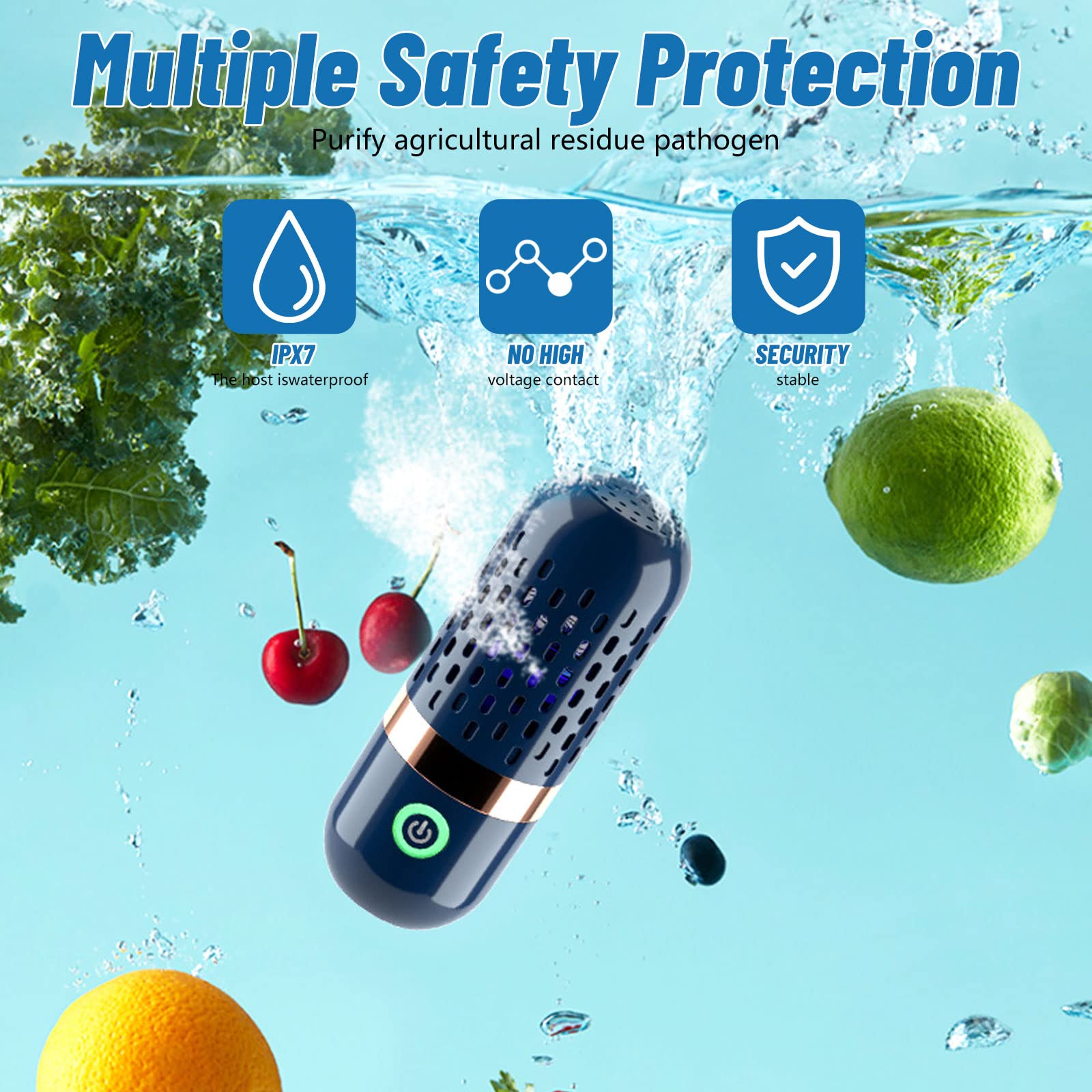 Longzhuo Portable IPX7 Waterproof Sonic Fruit & Vegetable Cleaner - 3000mAh USB Wireless Food Purifier for Vegetables, Fruits, Seafood, Rice & Meat | Perfect for Kitchen, Camping & Travel Use
