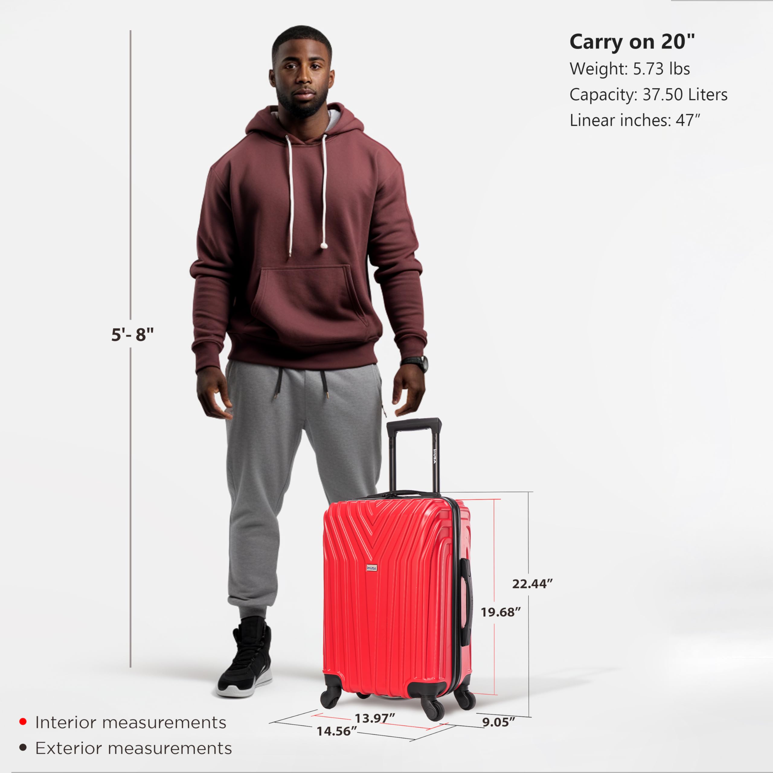 InUSA VASTY 20-Inch Lightweight Hardshell Spinner Luggage - Durable Carry-On Suitcase with Telescopic Handle & 360° Wheels (Red) - Perfect for Business Trips, Weekend Getaways & Air Travel