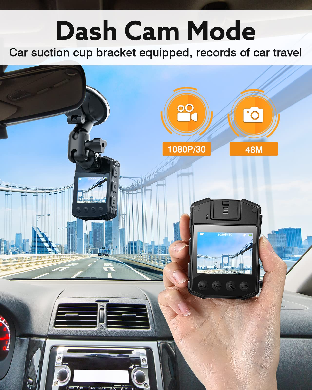 WD1 1080P HD Police Body Camera with Audio & Infrared Night Vision - 2-in-1 Wearable Dash Cam for Cars with Suction Cup Mount, 64GB Memory - Ideal for Law Enforcement, Security Patrols & Vehicle Recording