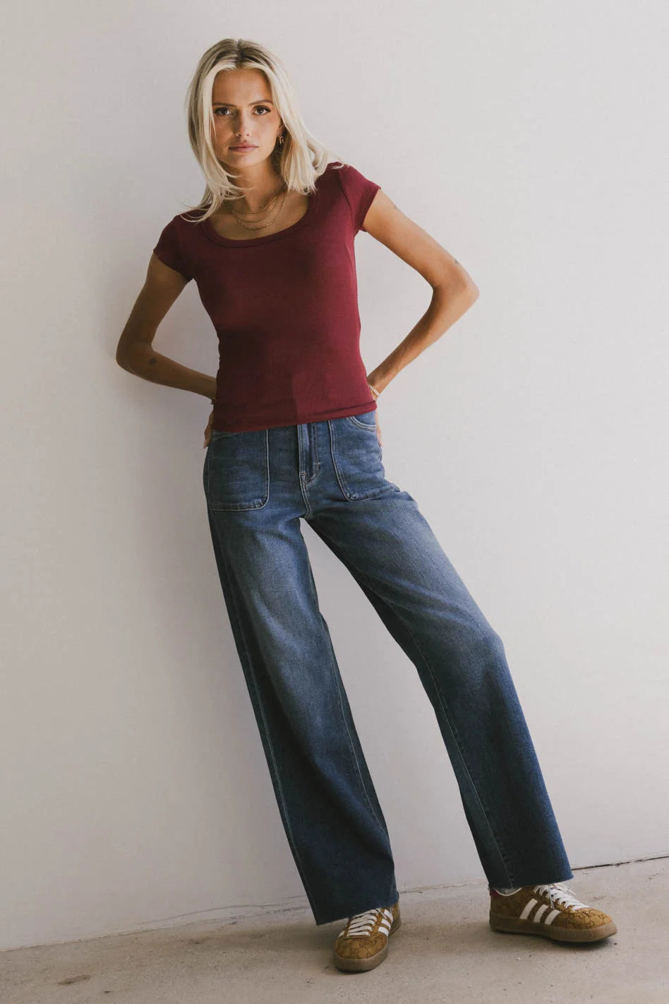 Freya Ribbed Burgundy Women's T-Shirt | Soft Stretch Fit Casual Top | Perfect for Layering, Work & Everyday Wear