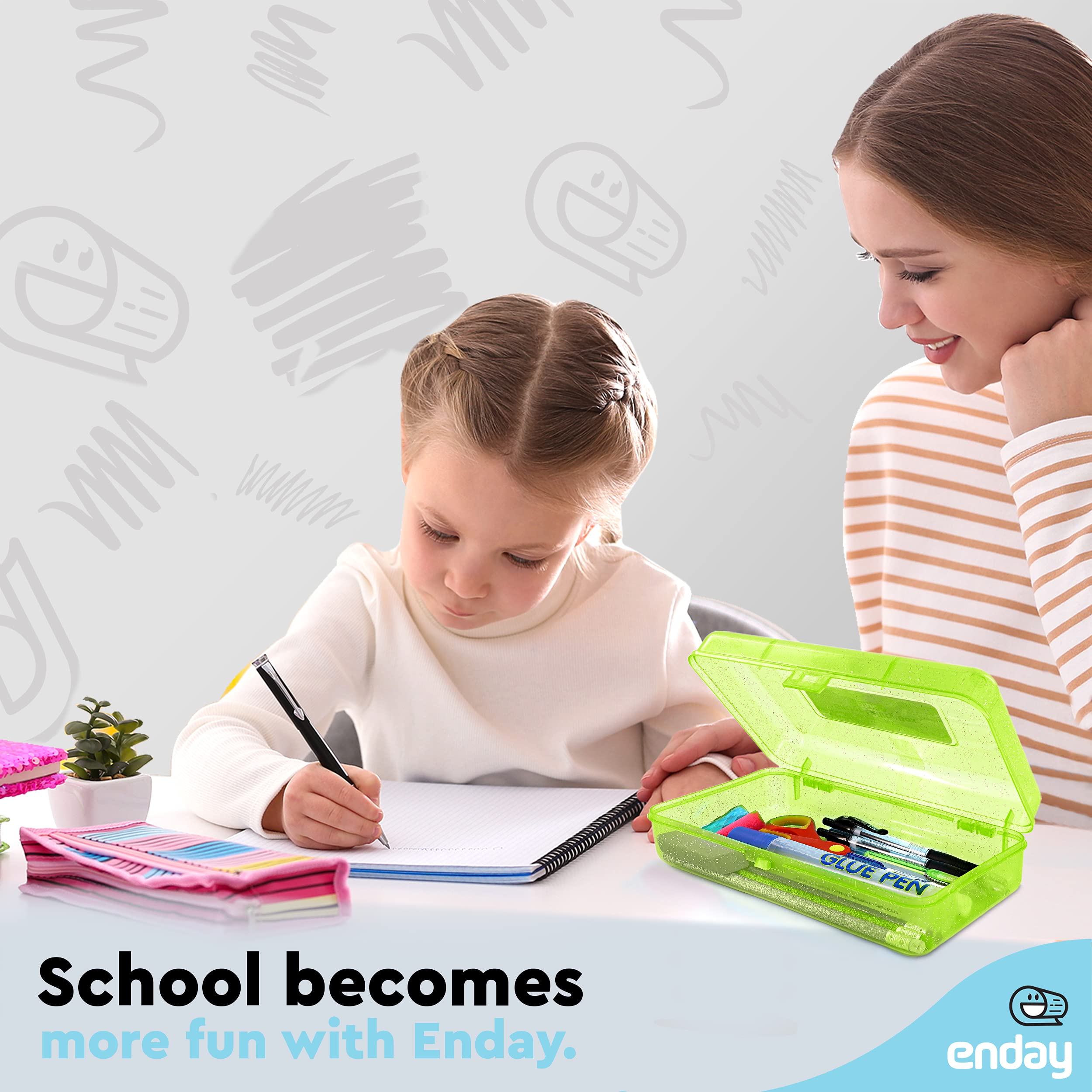 Enday Plastic Pencil Box with Snap Closure Lids - Small School & Office Supplies Organizer for Crayons, Pens & Art Tools (Green, Also Available in Glitter Pink, Purple, Blue, Red, Grey) - 24 Pack - Perfect for Classroom, Homework & Craft Storage