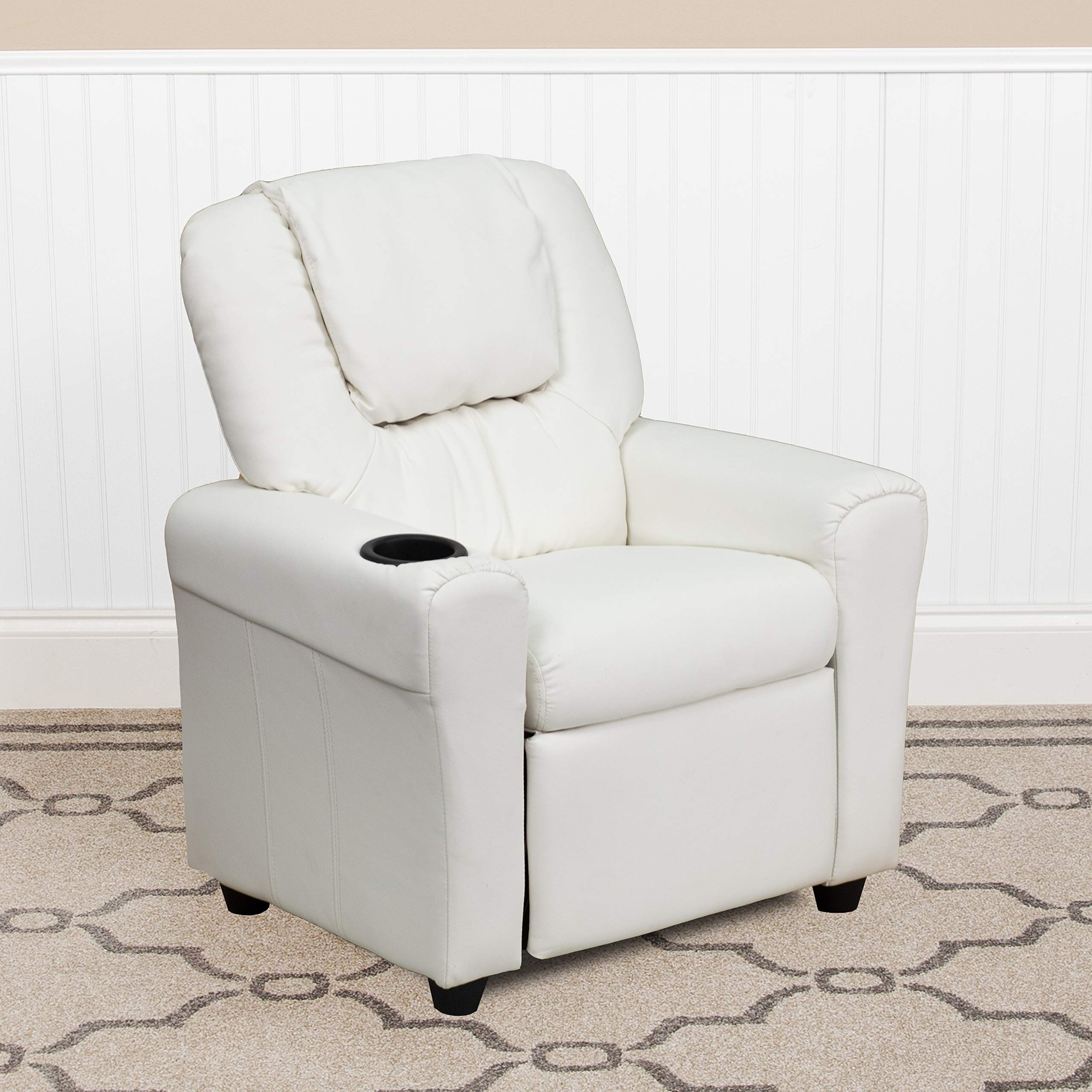 Emma & Oliver White Vinyl Kids Recliner Chair with Cup Holder & Headrest - Comfortable Children's Lounge Chair for Playroom, Bedroom or TV Time