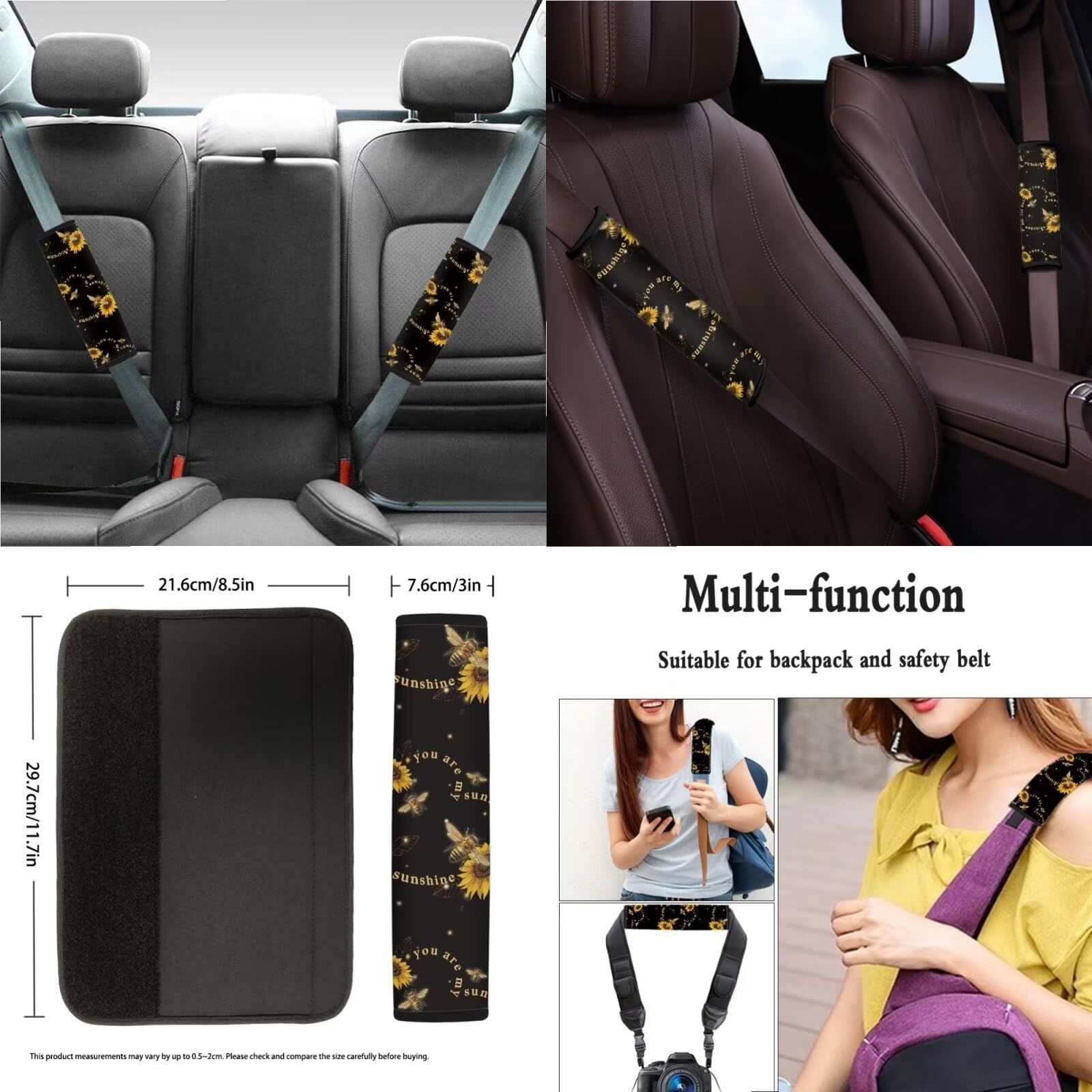 Xoenoiee Bee Sunflower Pattern 11-Piece Universal Car Seat Cover Set - Car Interior Accessories with Steering Wheel Cover, Seat Belt Pads, Coasters & Keychain for Sedan, SUV, Truck - Home & Office Car Decor Gift