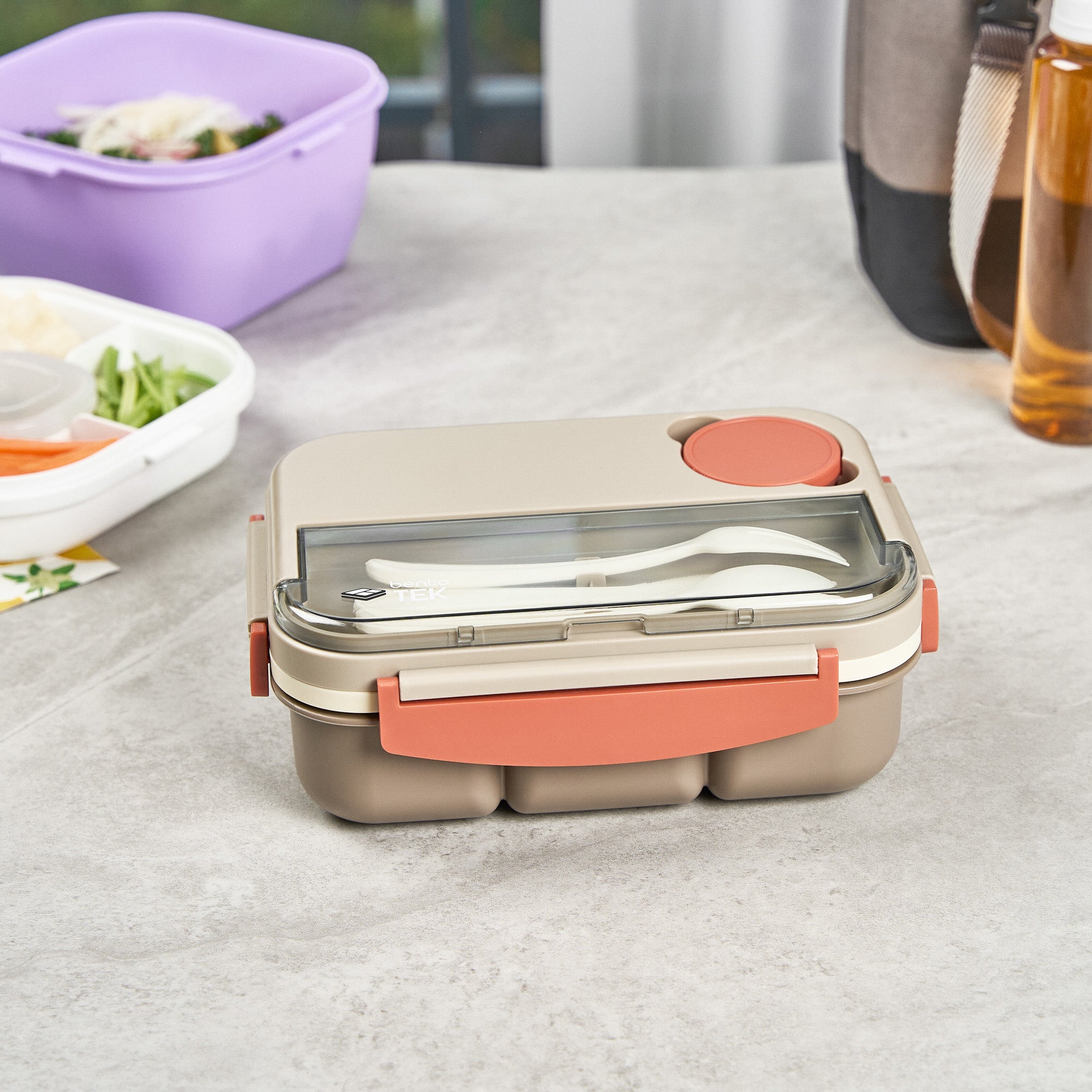 Bento Tek 44 oz BPA-Free Microwave Safe Lunch Box with Utensils - Brown & Orange (9