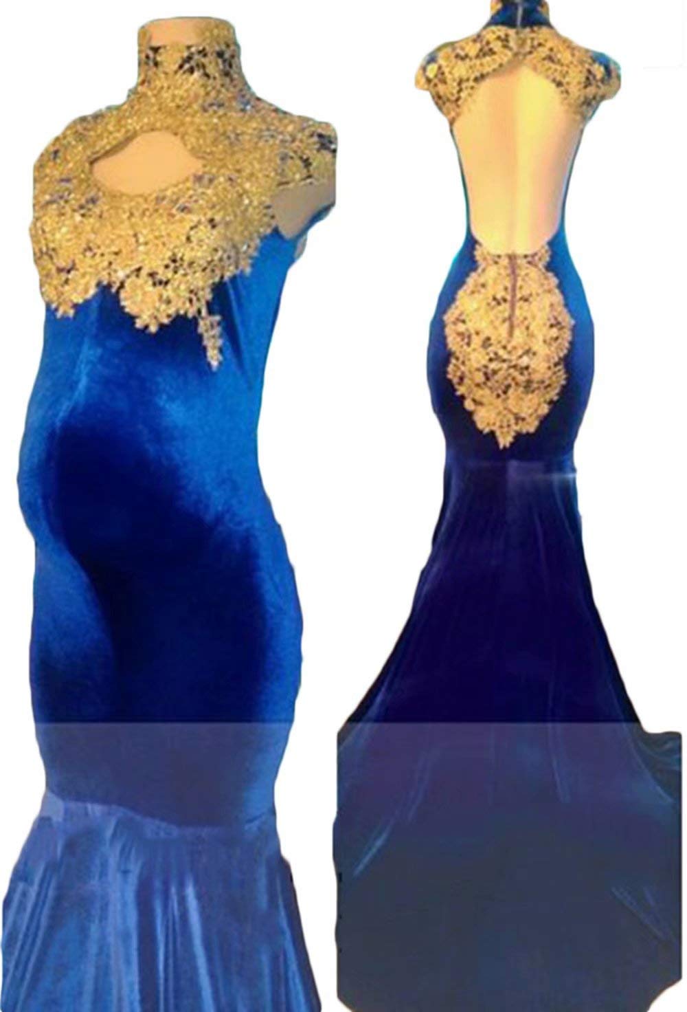 Elegant Velvet Mermaid Maternity Dress for Women - Backless Beaded Evening Gown with Gold Appliques for Baby Shower, Wedding & Special Occasions