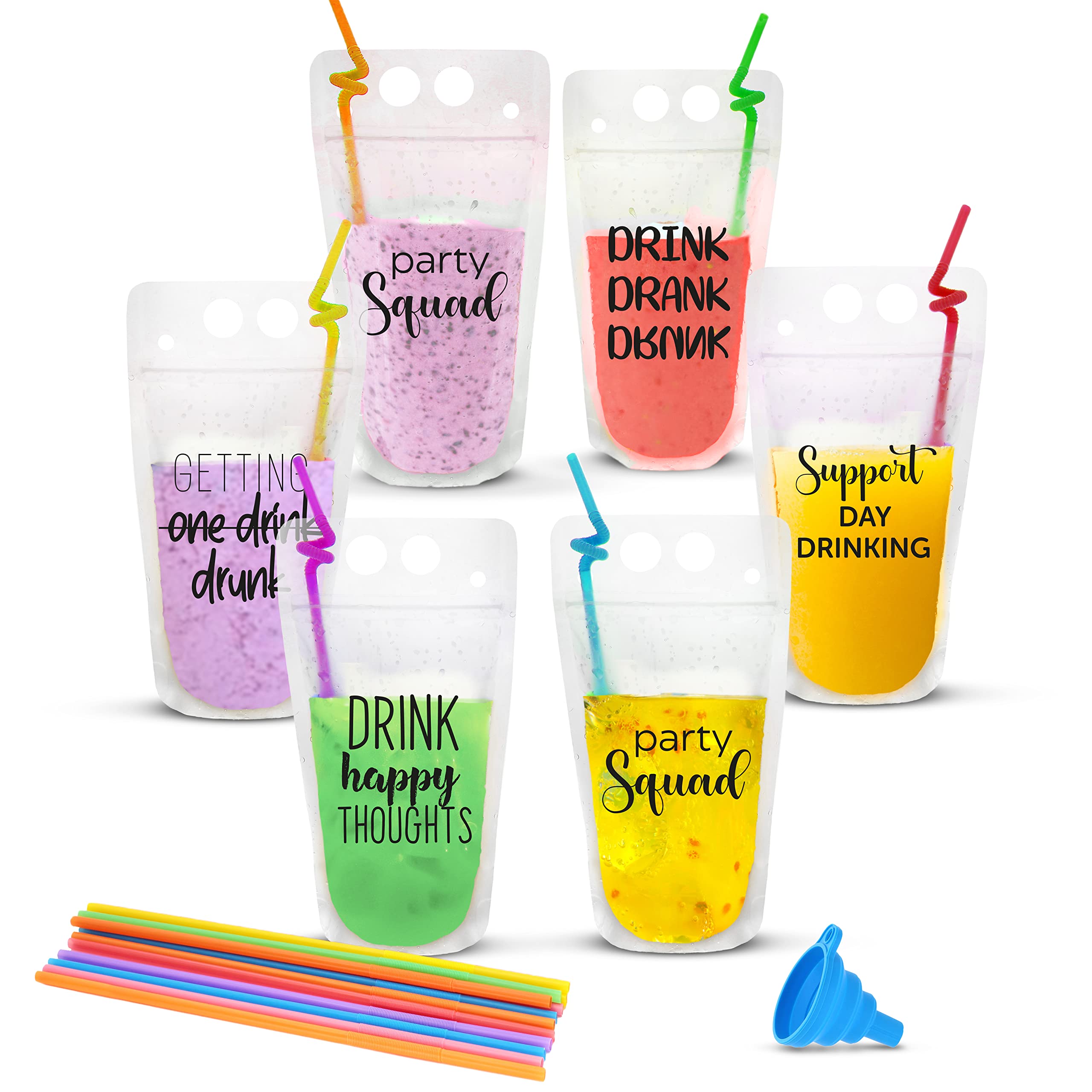 UTILE 50PCS Reusable Drink Pouches for Adults with Individually Wrapped Colorful Straws - Heavy Duty Translucent Smoothie Bags with Reclosable Zipper & Funnel Included - Perfect for Smoothies, Juices, Cocktails at Parties, Picnics & Outdoor Events