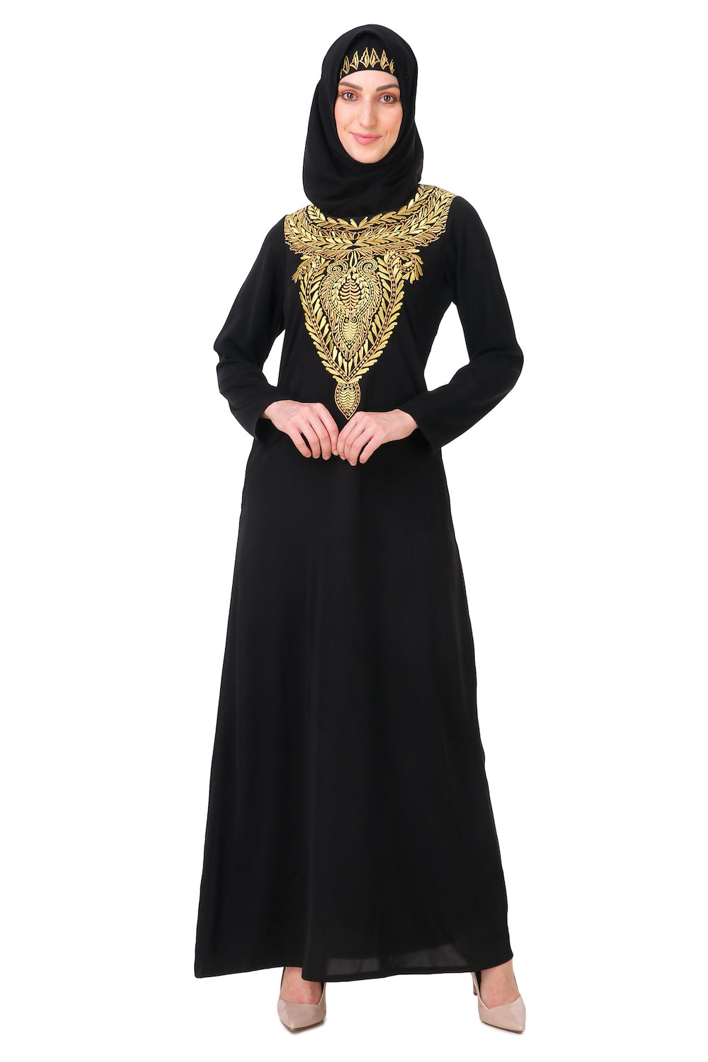 Hand Embroidered Gold & Copper Neck Abaya Dress - Elegant Islamic Modest Fashion for Women | Perfect for Eid, Weddings & Special Occasions