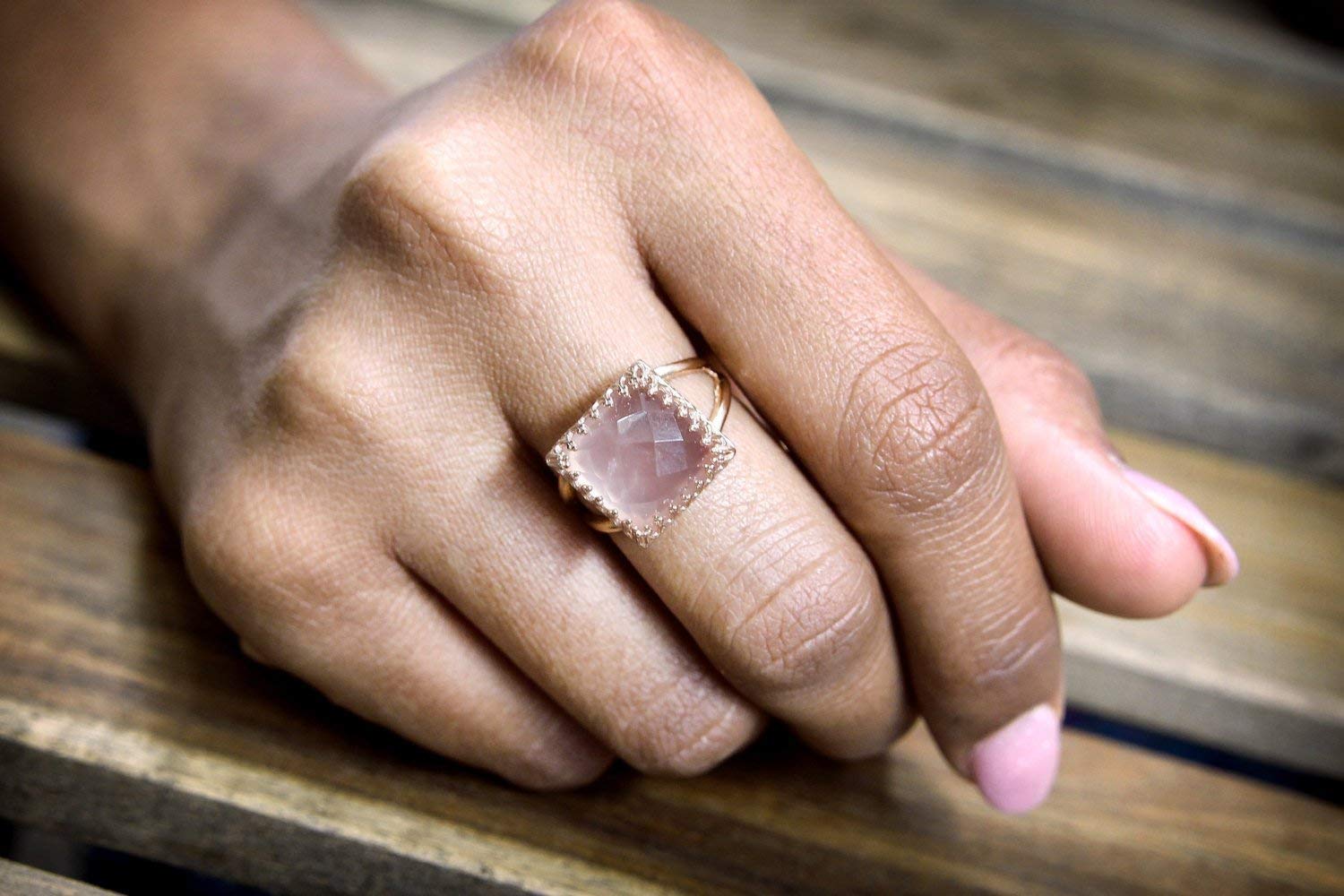 Elegant Rose Quartz Ring in 14K Rose Gold - Handcrafted Double Band Jewelry for Women - Perfect for Wedding, Birthday, Anniversary & Prom Gifts - Comes with Gift Box - Ideal for Romantic Occasions & Everyday Wear
