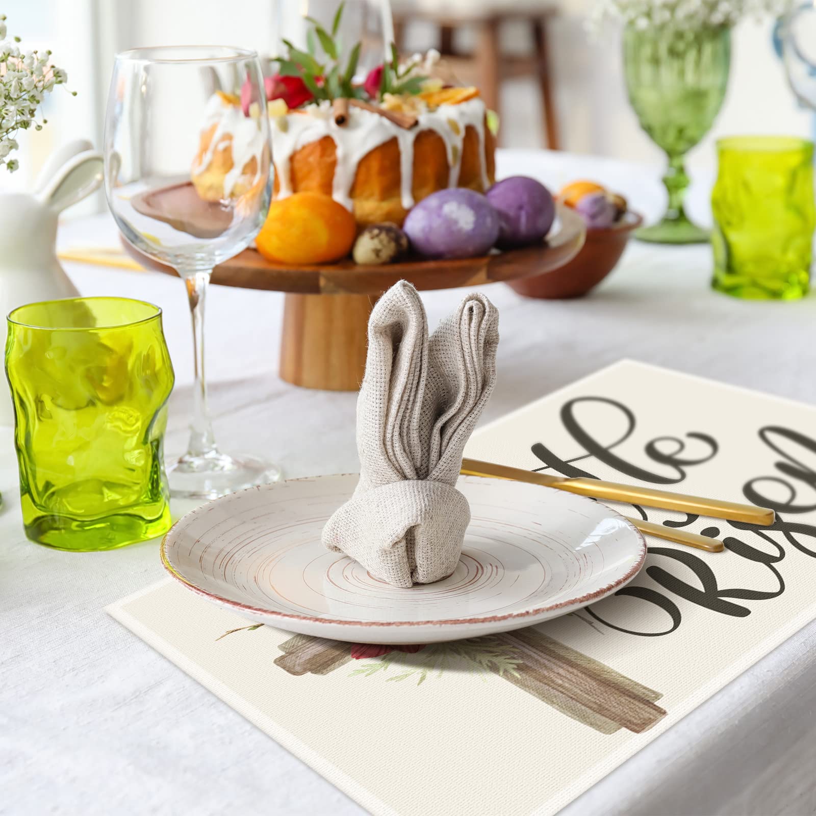 Happy Easter Placemats Set of 4 - 12x18 Inch Heat Resistant Bunny Egg Table Mats with Non-Slip Backing - Floral 'He is Risen' Design - Washable Spring Kitchen & Dining Decor for Easter Brunch, Holiday Gatherings and Home Celebration