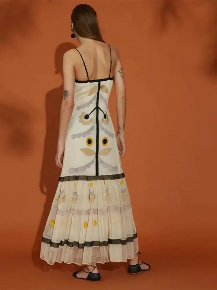 Elegant Floral Print Mesh Ruffles Long Dress for Women - Chic Spaghetti Strap Sleeveless Backless Summer Dress for Holiday Party, Beach Wedding & Special Occasions