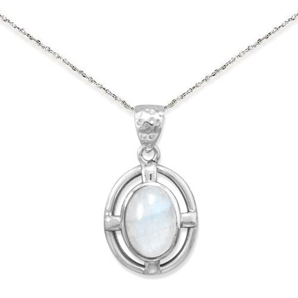 Rainbow Moonstone Oval Pendant Necklace Sterling Silver 925 with 18