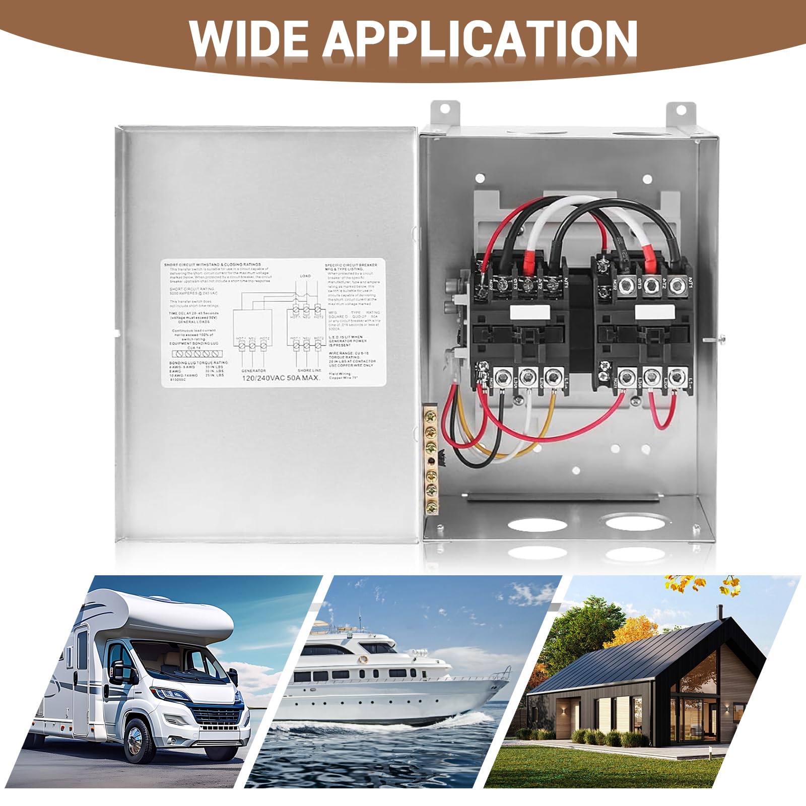 50 AMP Automatic Transfer Switch for RV, Outdoor, Speedboats - 120/240 VAC Generator Transfer Switch with 20-45 Sec Delay - Perfect for Camping, Boating & Emergency Power Backup
