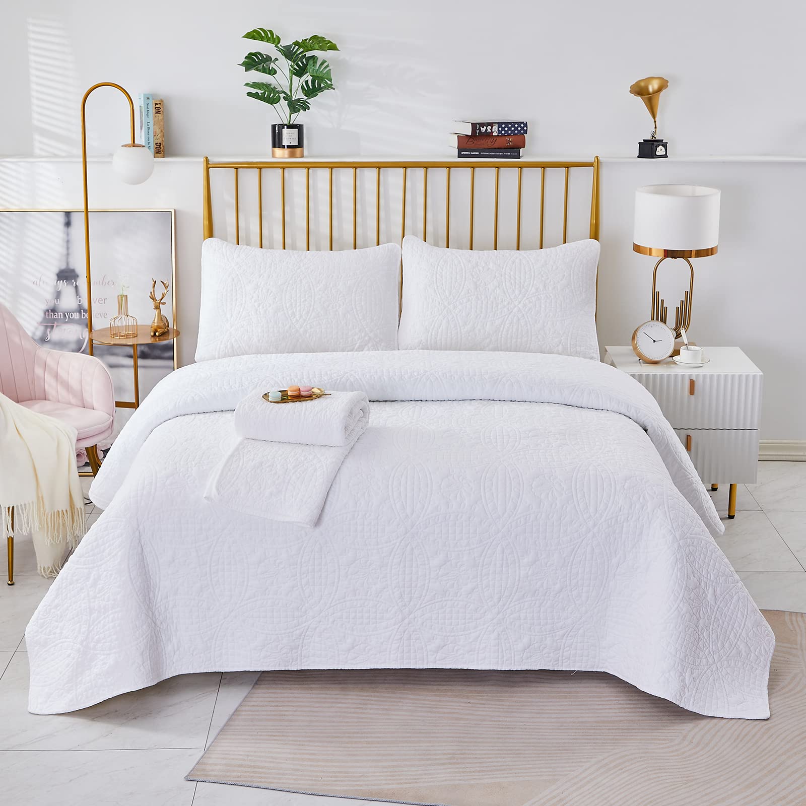 Brandream White King Size Cotton Quilt Set - Luxury Matelasse Bedding Coverlet with Elegant Clover Stitching, 3-Piece Set for Bedroom Decor | Perfect for Master Bedroom, Guest Room & Cozy Home Styling