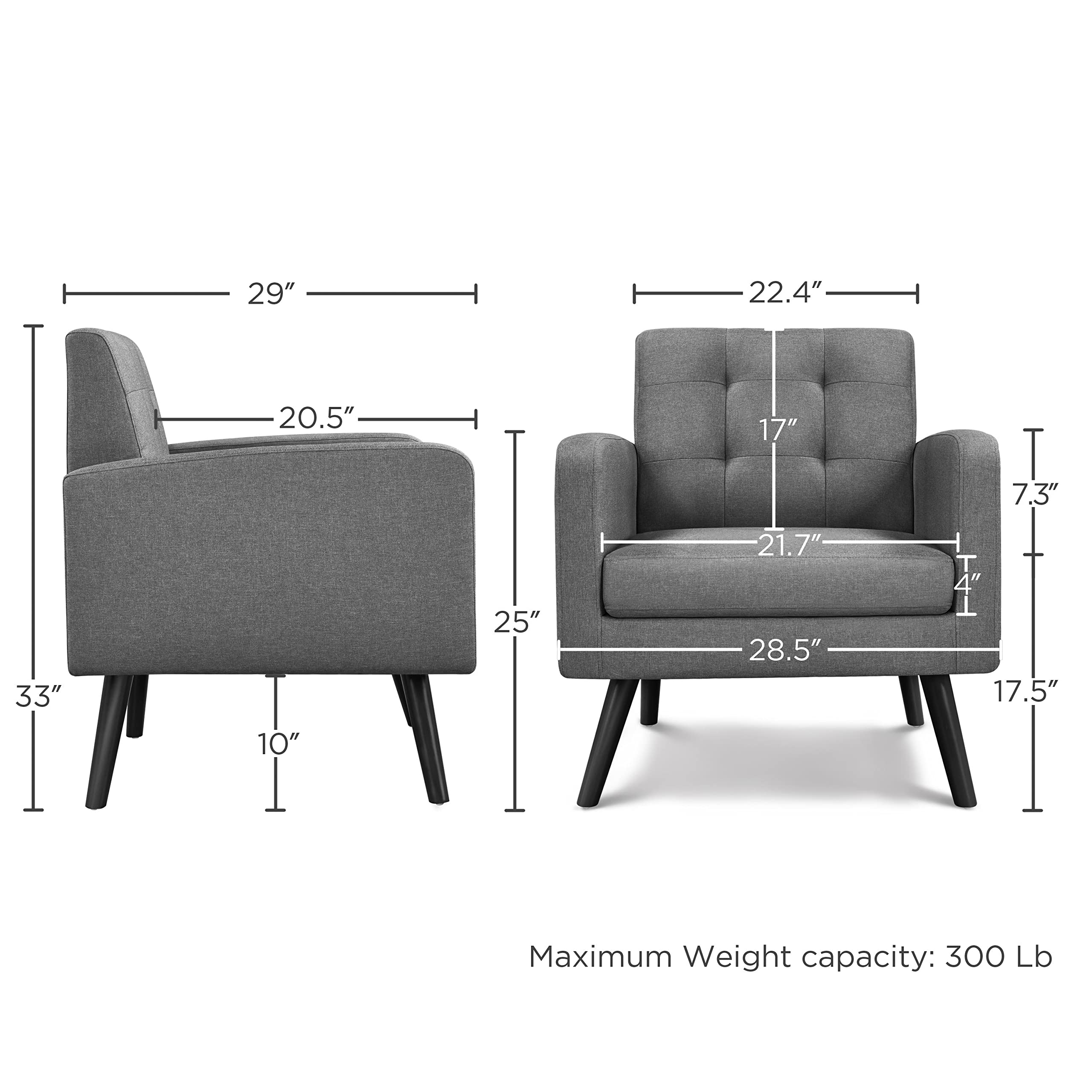 Yaheetech Mid-Century Modern Accent Chairs Set of 2 - Gray Upholstered Living Room Armchairs with Button Tufted Back & Wooden Legs - Cozy Lounge Chairs for Bedroom, Office, Cafe & Reading Nook