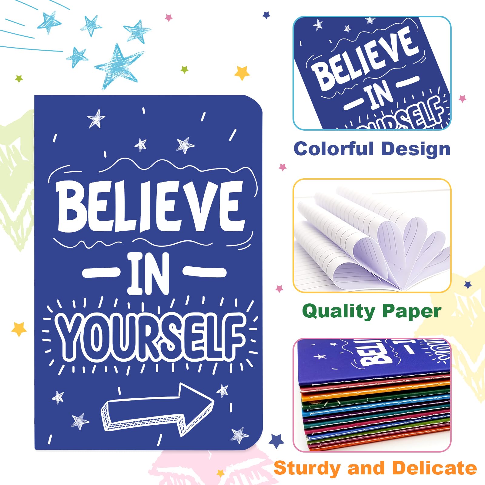 24 Pack Mini Colorful Notebooks - Motivational Journals & Inspirational Notepads for Kids, Teachers - Small Pocket Notebook Bulk Set for School, Office Gifts, Travel Supplies & Prize Rewards (Simple Design) - Perfect for Journaling, Note Taking, Classroom Rewards & Travel Essentials