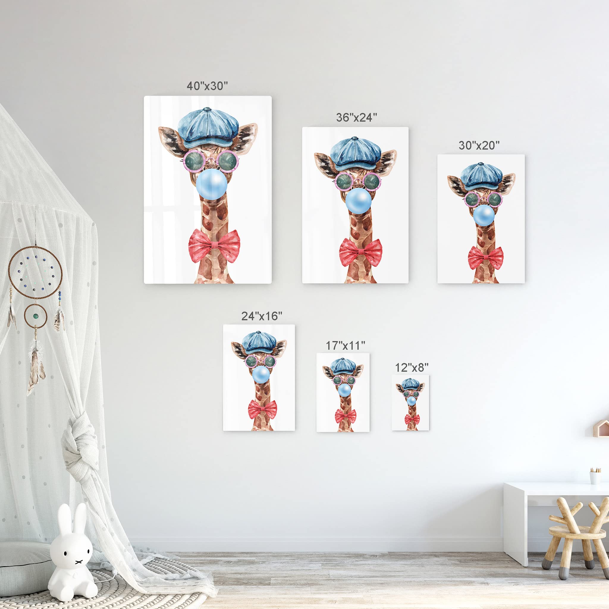 Giraffe Portrait Wall Art - Pop Art Metal Print with Hat & Pink Glasses Chewing Bubble Gum, Safari Animal Decor for Office, Living Room, Bedroom & Nursery (36x24) - Perfect for Kids' Rooms, Modern Home Decor & Unique Gift Ideas