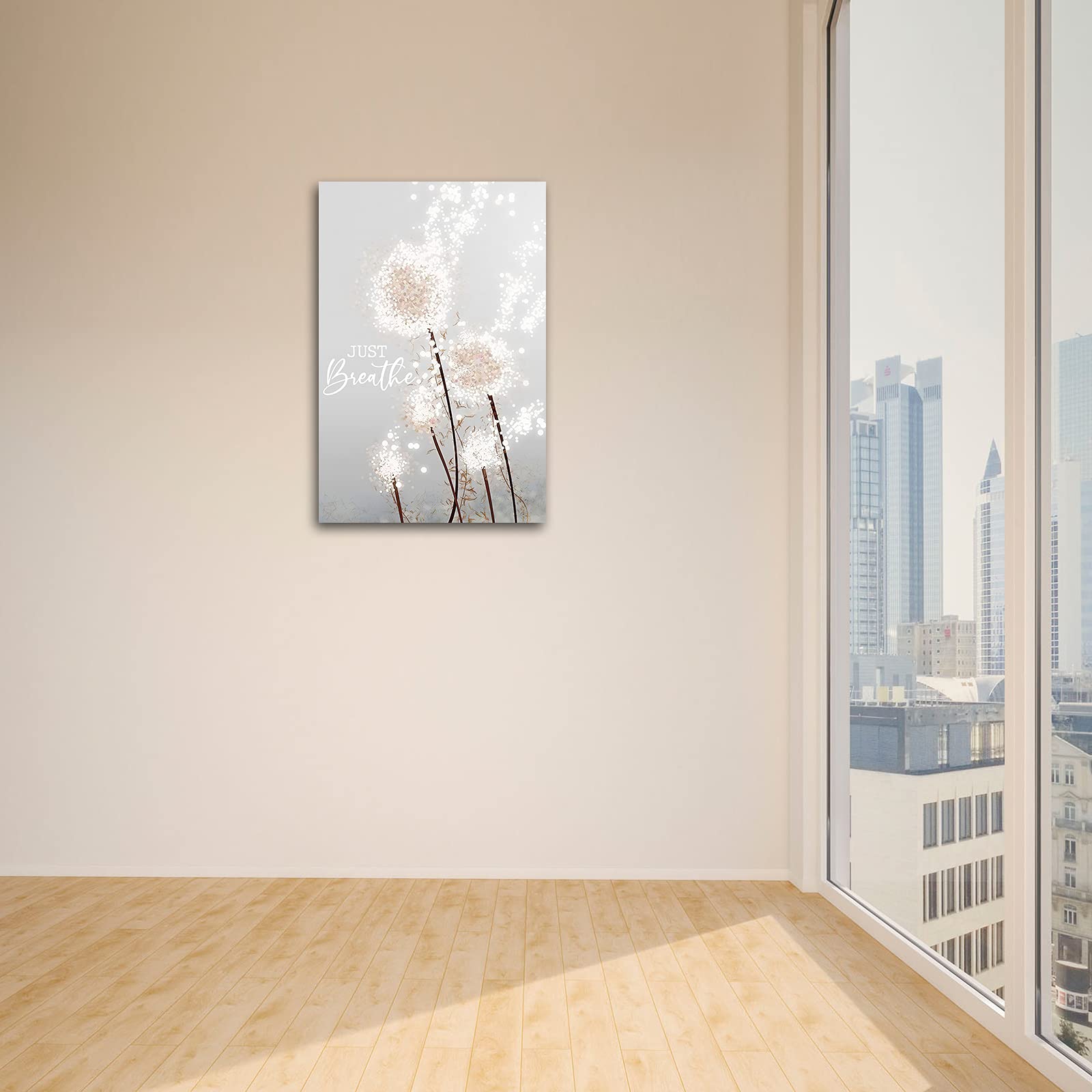 Just Breathe Dandelion Wall Art Canvas Print - 12x18 Inch Framed Meditation Decor for Bedroom & Bathroom - Ready to Hang Wall Decor for Yoga Studio, Spa & Home Office