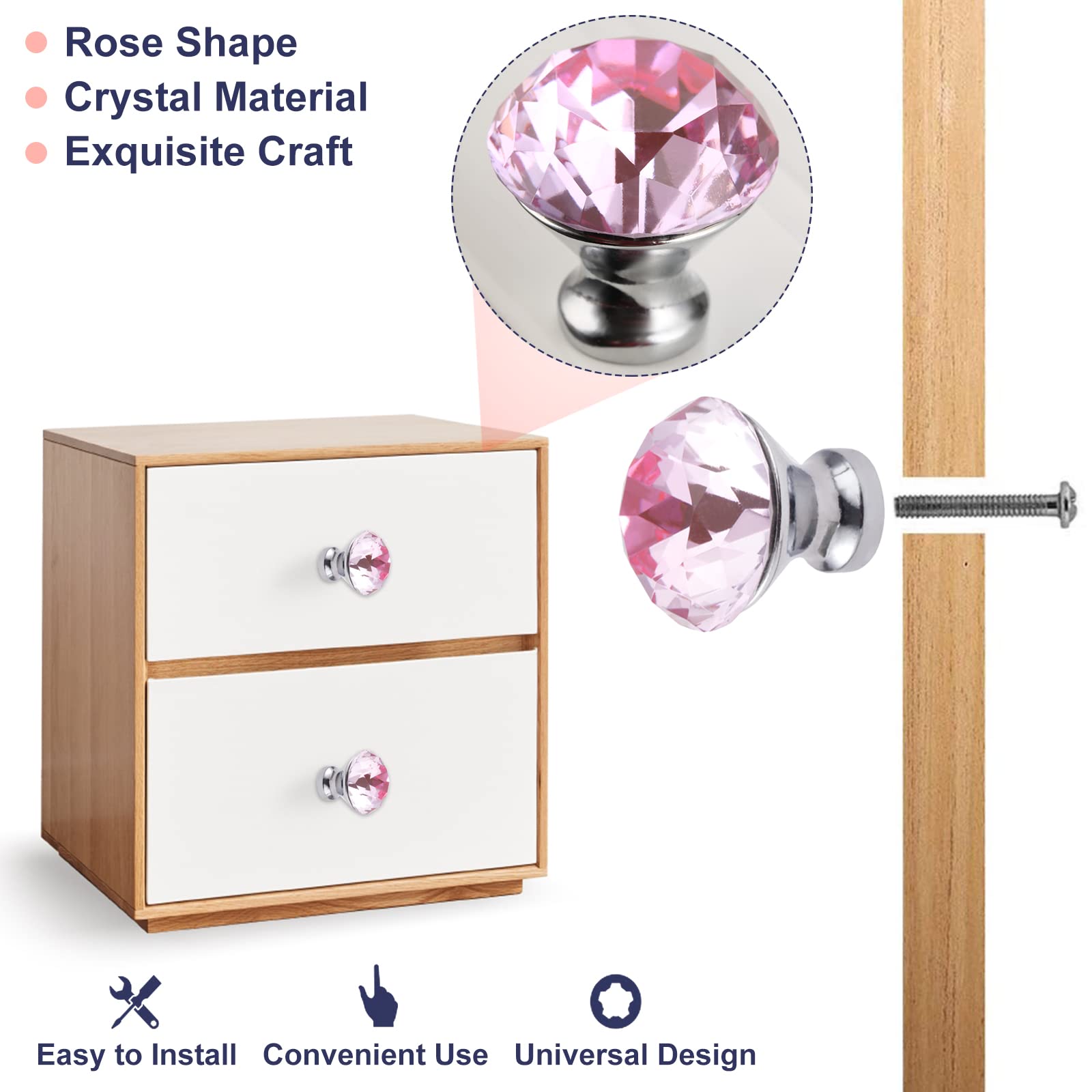 Pink Crystal Drawer Pulls 5PCS - Glass Cabinet Knobs for Wardrobe, Kitchen & Bedroom Furniture