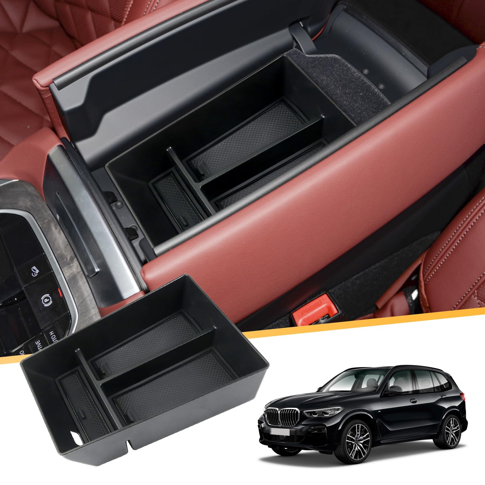 2023-2025 BMW X5 G05 X6 G06 X7 G07 Center Console Organizer Tray - Premium Armrest Storage Box with Coin & Sunglasses Holder Insert (Black Type B) | Perfect for Road Trips & Daily Commute Organization