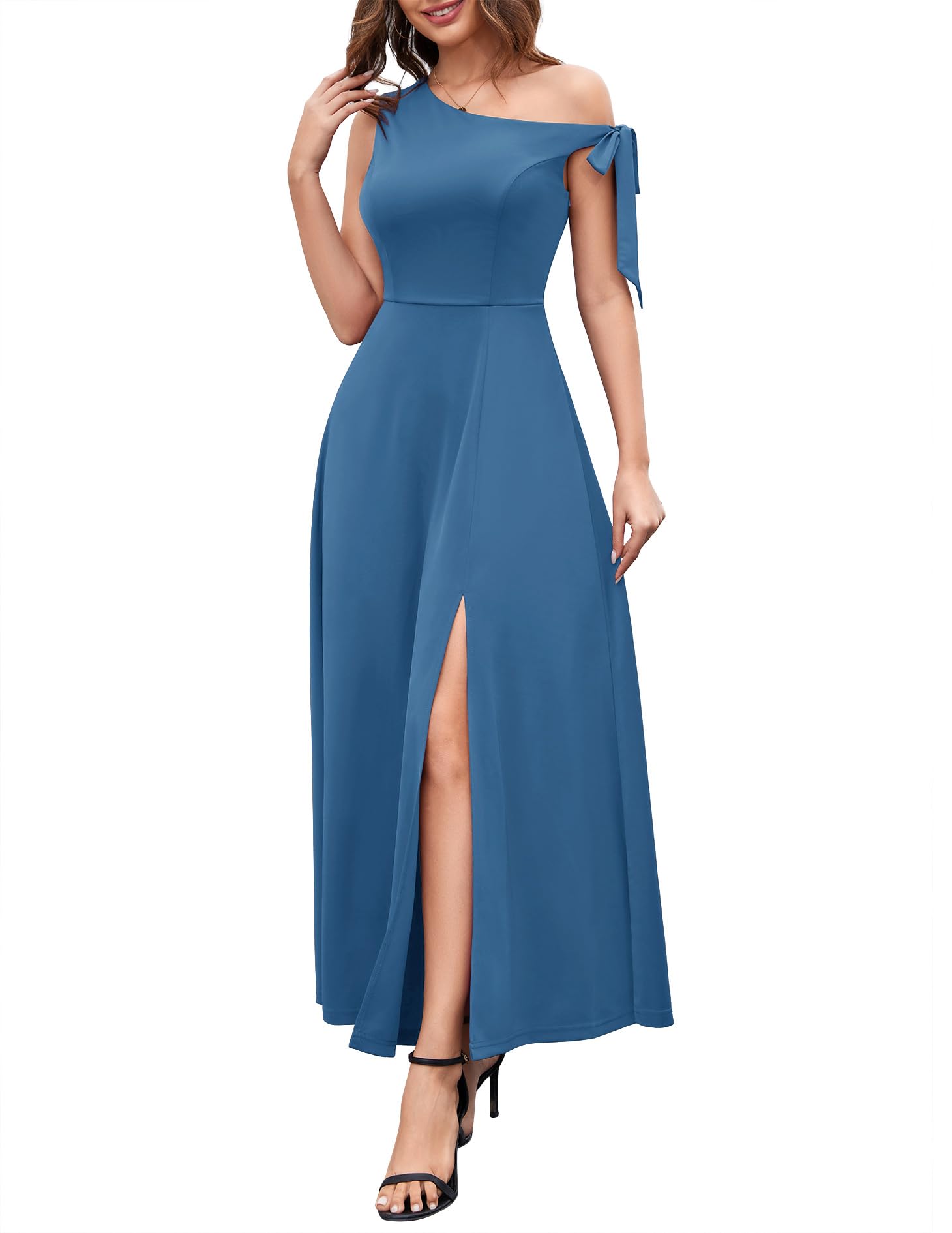 BeryLove Women's Elegant One Shoulder Tie Strap Formal Wedding Guest Dress - Split Maxi Cocktail Dress for Bridal Shower, Evening Party & Special Occasions
