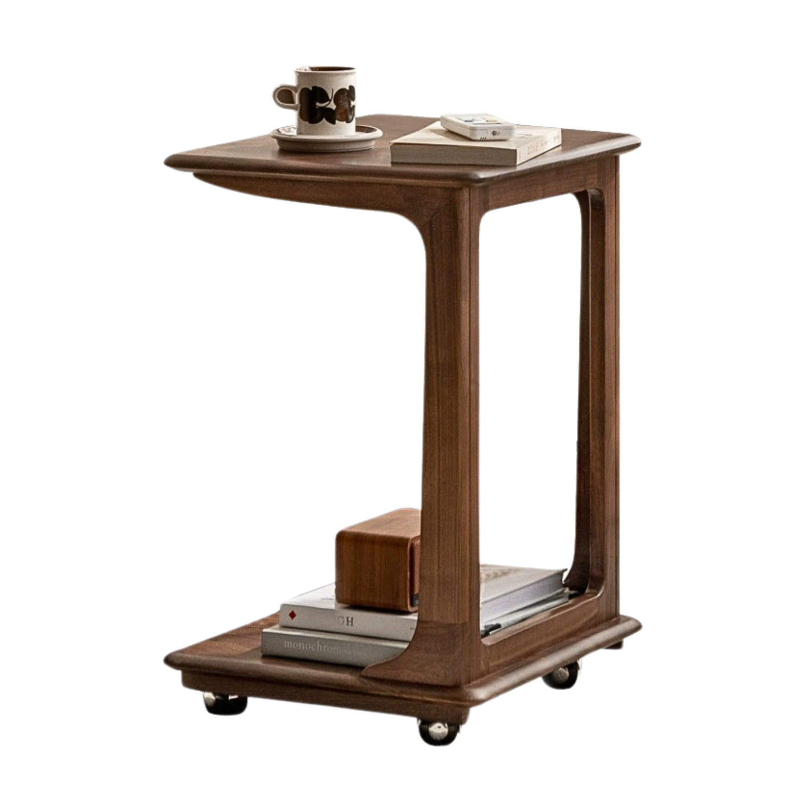 Premium Black Walnut Solid Wood Mobile Side Table - Rolling End Table with Wheels for Living Room, Bedroom, or Office - Natural Wood Nightstand with Storage Shelf