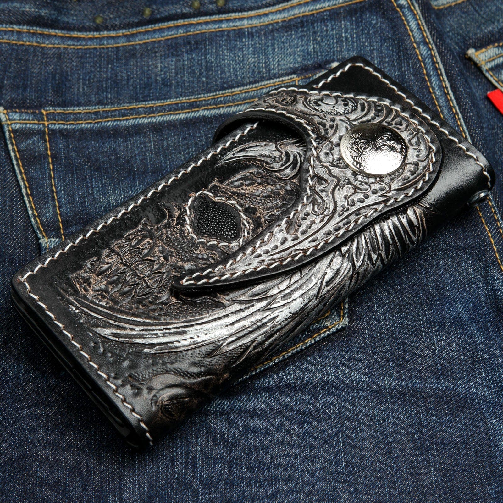 Genuine Leather Biker Wallet with Harley Indian Skull Design - Long Chain Motorcycle Wallet for Men - Perfect for Biker Rides, Motorcycle Shows & Everyday Use